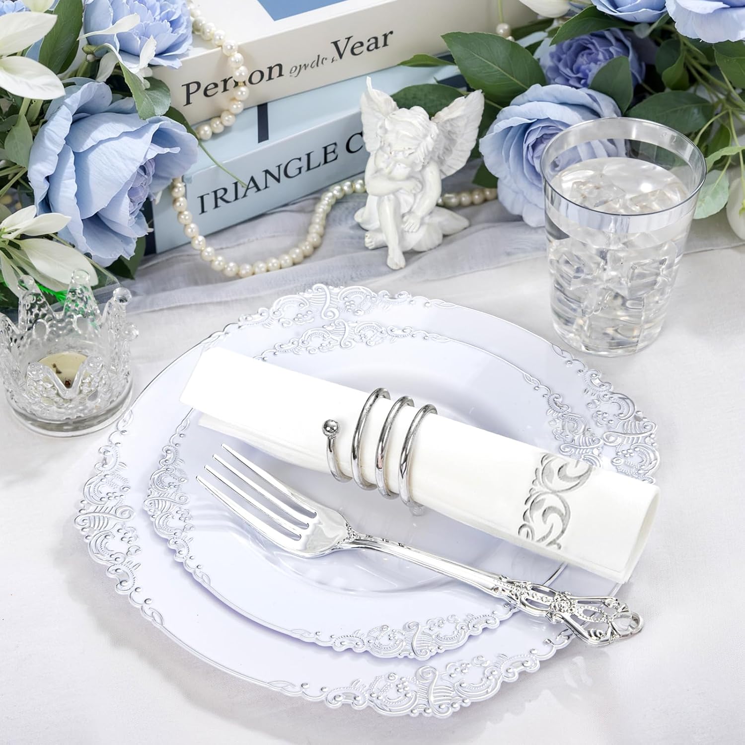YOUBET 700PCS Silver Plastic Plates Set - 100 Person Wedding Party Disposable Tableware