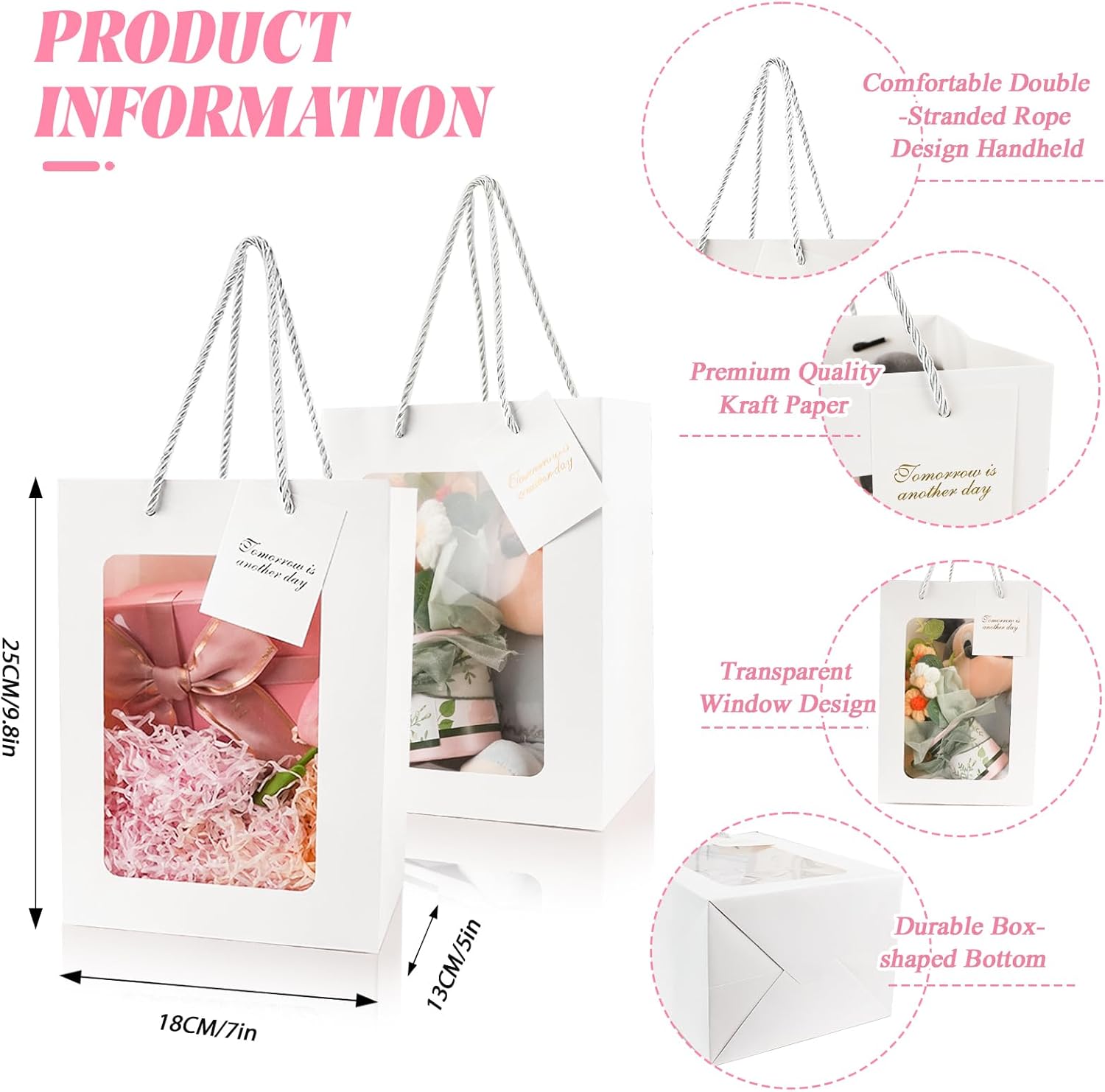 50PCS White Gift Bags with Handles and Clear Window