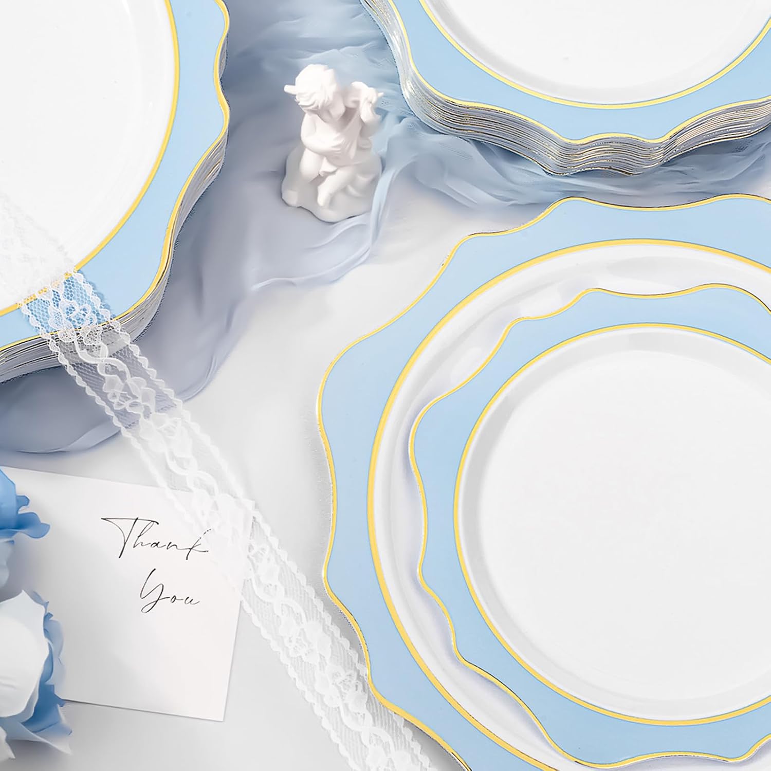 100 PCS White Blue Disposable Plates for 50 Guests Party Wedding Graduation