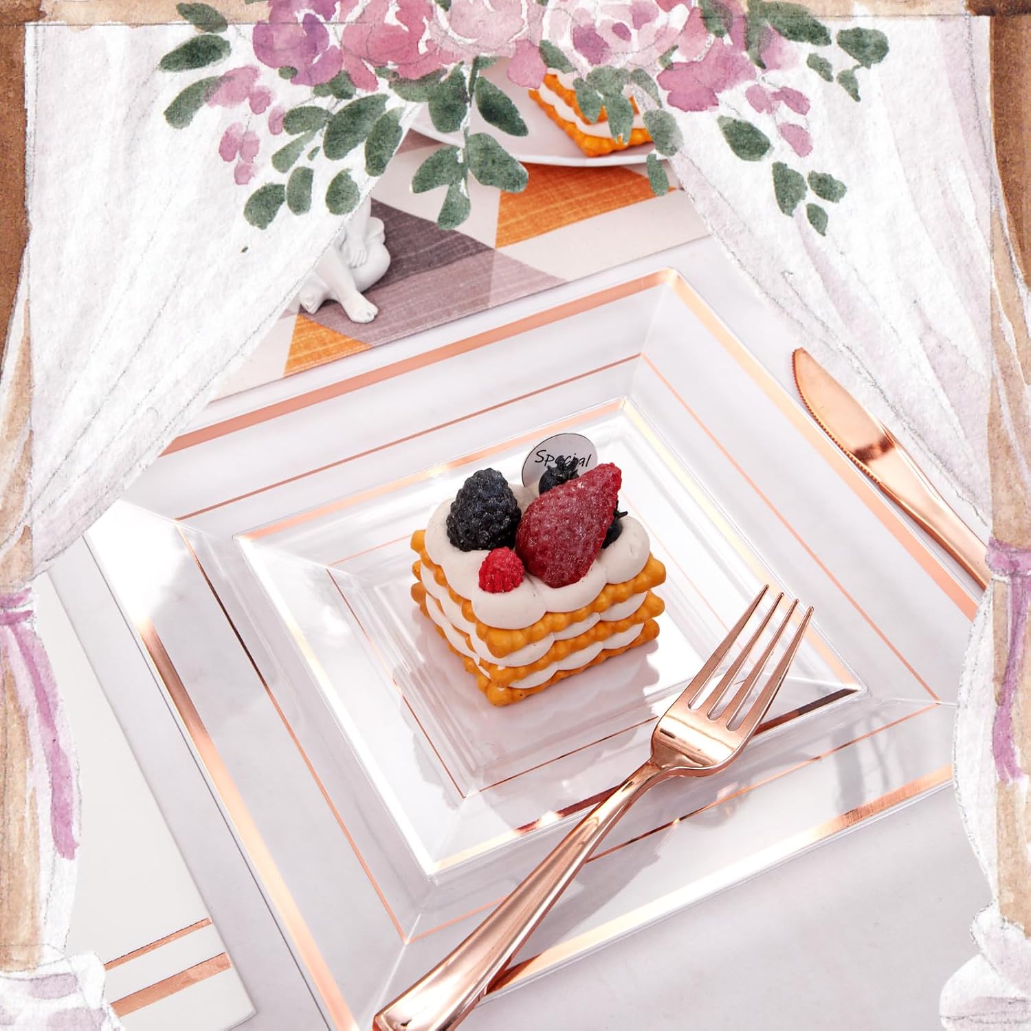 Festiva 350Pcs Rose Gold Plastic Plates Set for 50 Guests