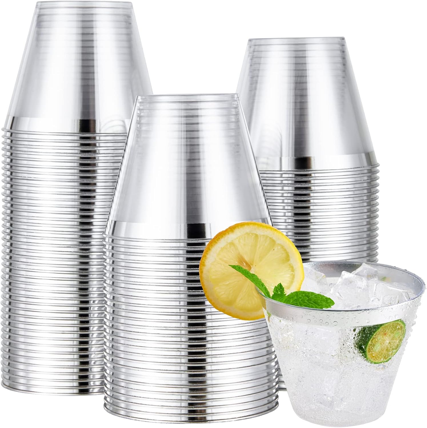 JOLLY CHEF 100 Pack Clear Plastic Cups with Silver Rim