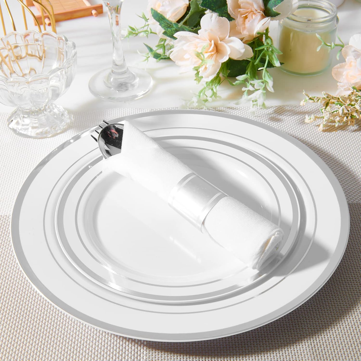 JollyPack 100 Piece Disposable Silver Plates Set
