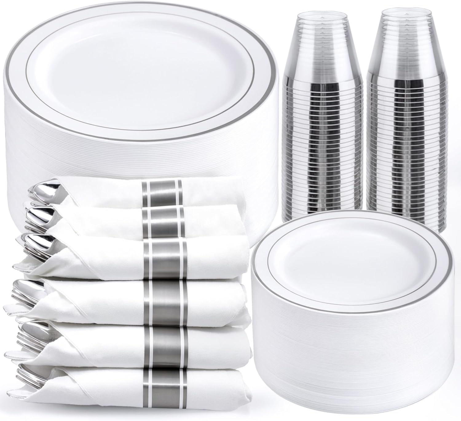 WELLIFE 350Pcs Silver Plastic Plates for 50 Guests - Party Dinnerware Set