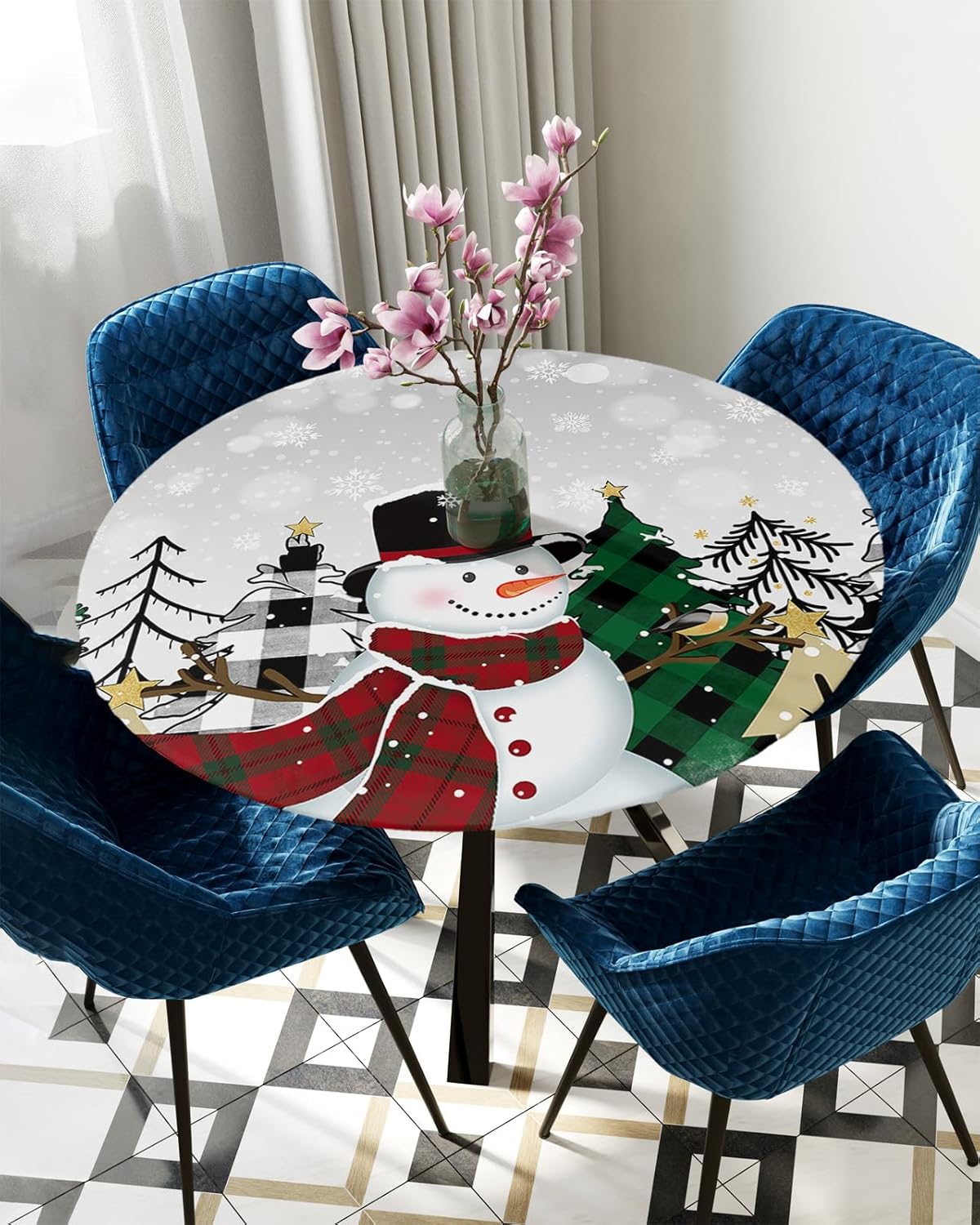 Winter Snowman Round Waterproof Table Cover Fitted Tablecloth