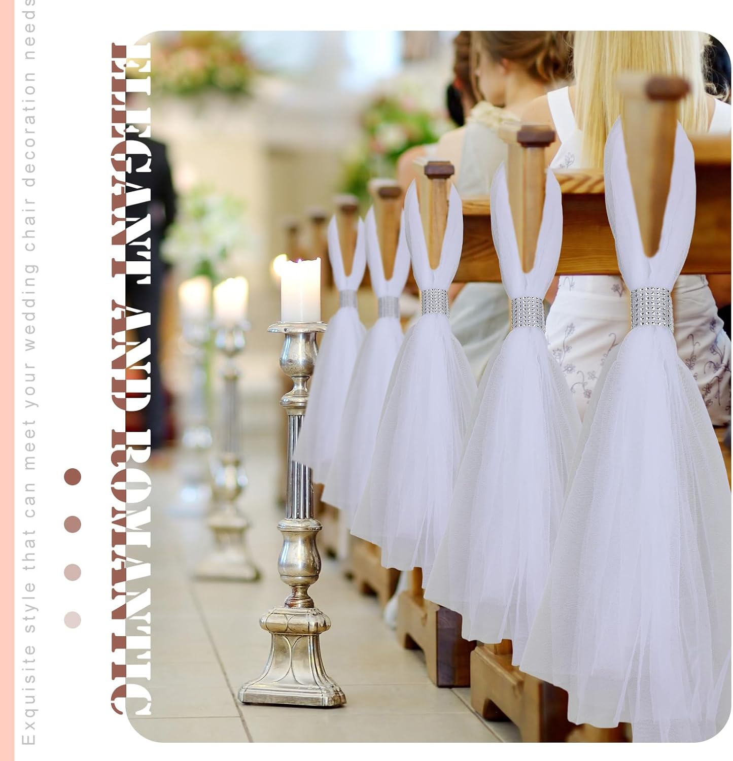 36 Piece Wedding Pew Bows Tulle Set with Rhinestone Collar