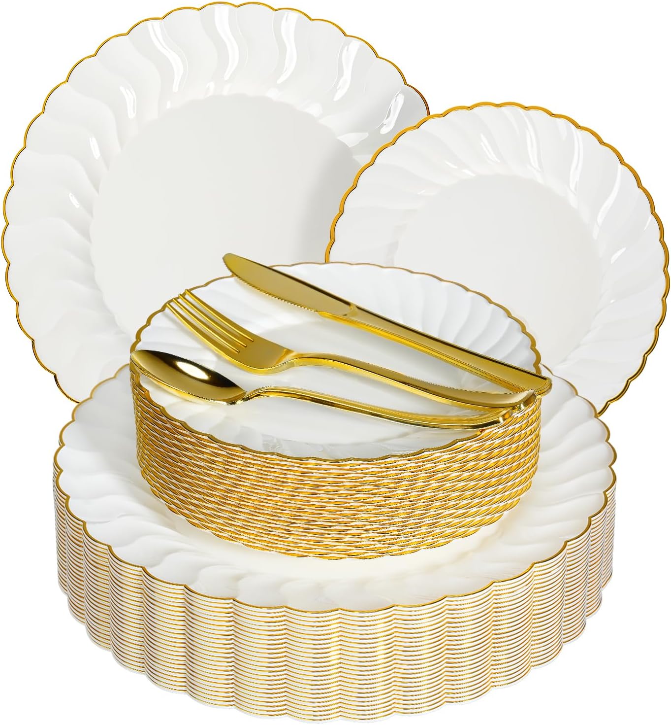 Lzerking 125 Pcs Ivory Scalloped Disposable Plates with Gold Rim Set