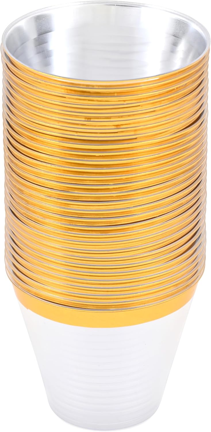 Premium Gold Rim Clear Plastic Cups 9 Oz 30 Pcs Set