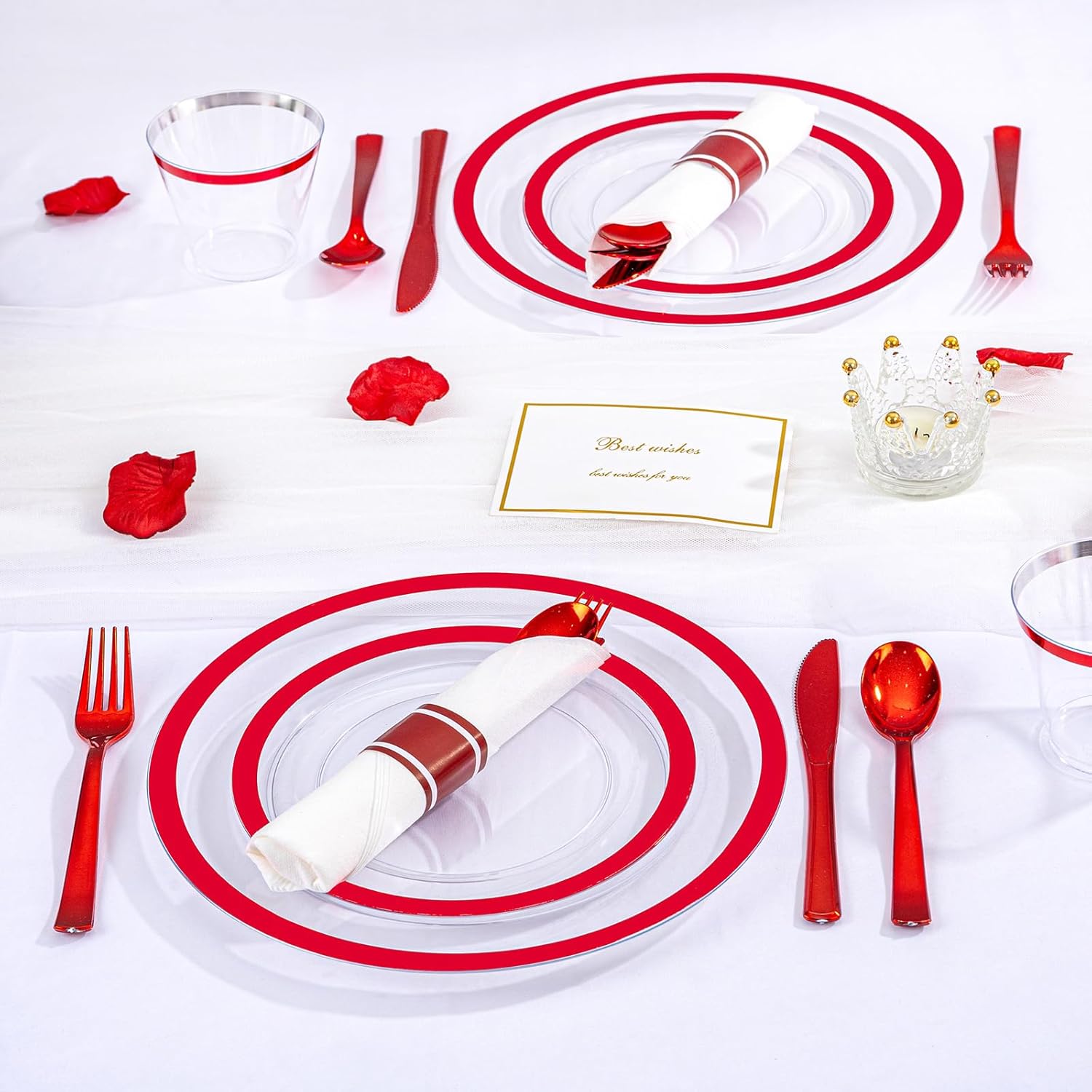 I00000 350 Pcs Clear Red Plastic Plates Set for Wedding Party