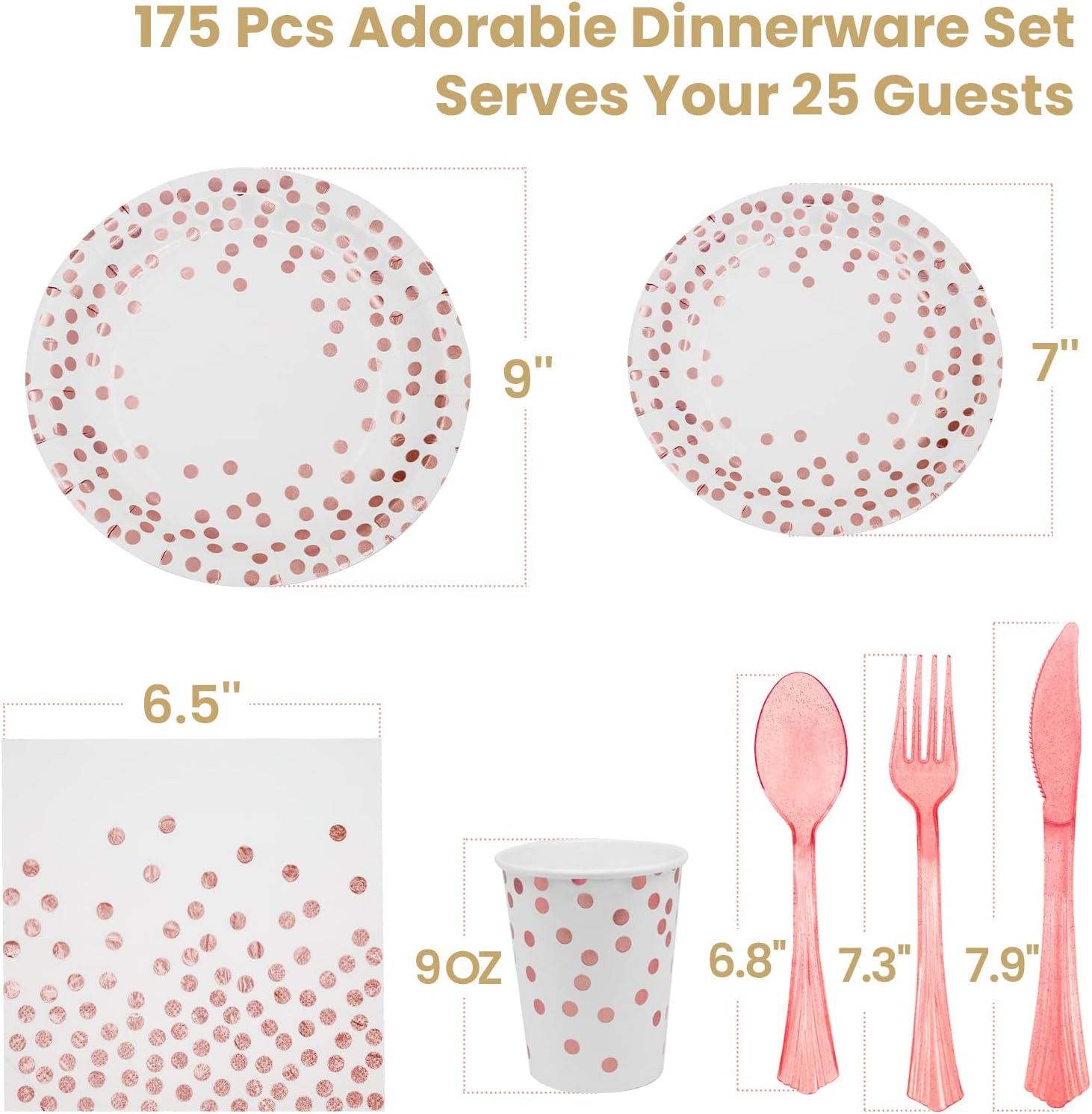 AIRE 175Pcs White Rose Gold Paper Plates Dinnerware Set for 25 Guests