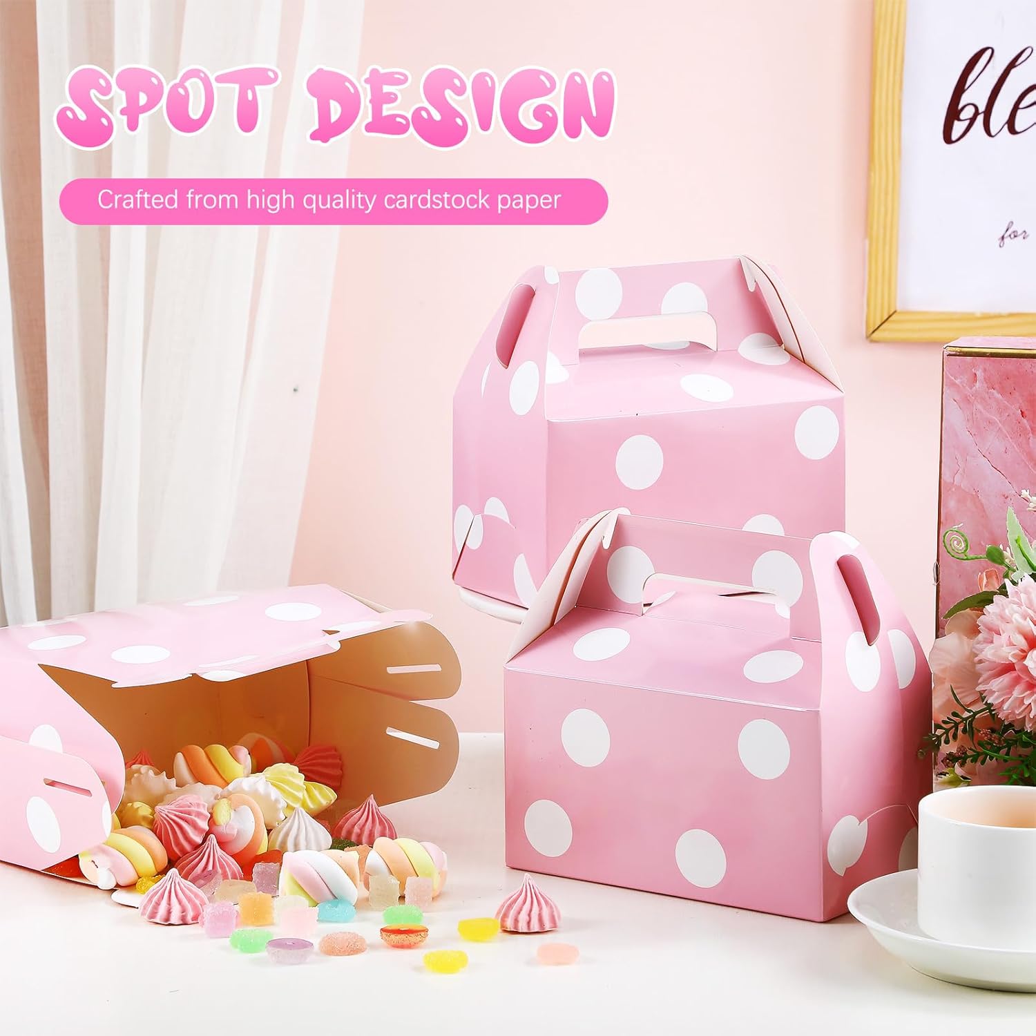 TecUnite 50 Pcs Pink Polka Dot Gift Boxes with Handles