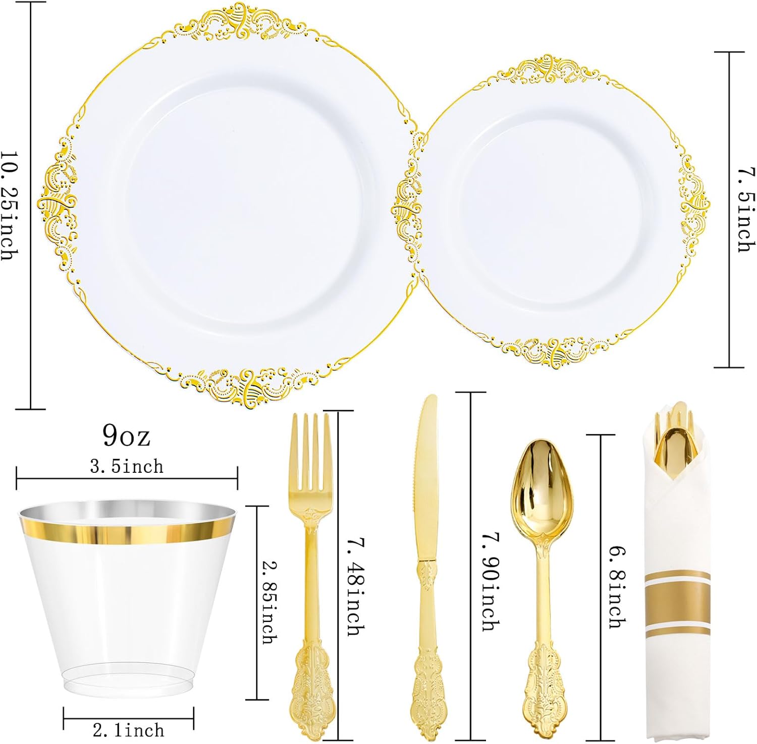 Nervure 175PCS Gold Plastic Plates for 25 Guests Wedding Party Supplies