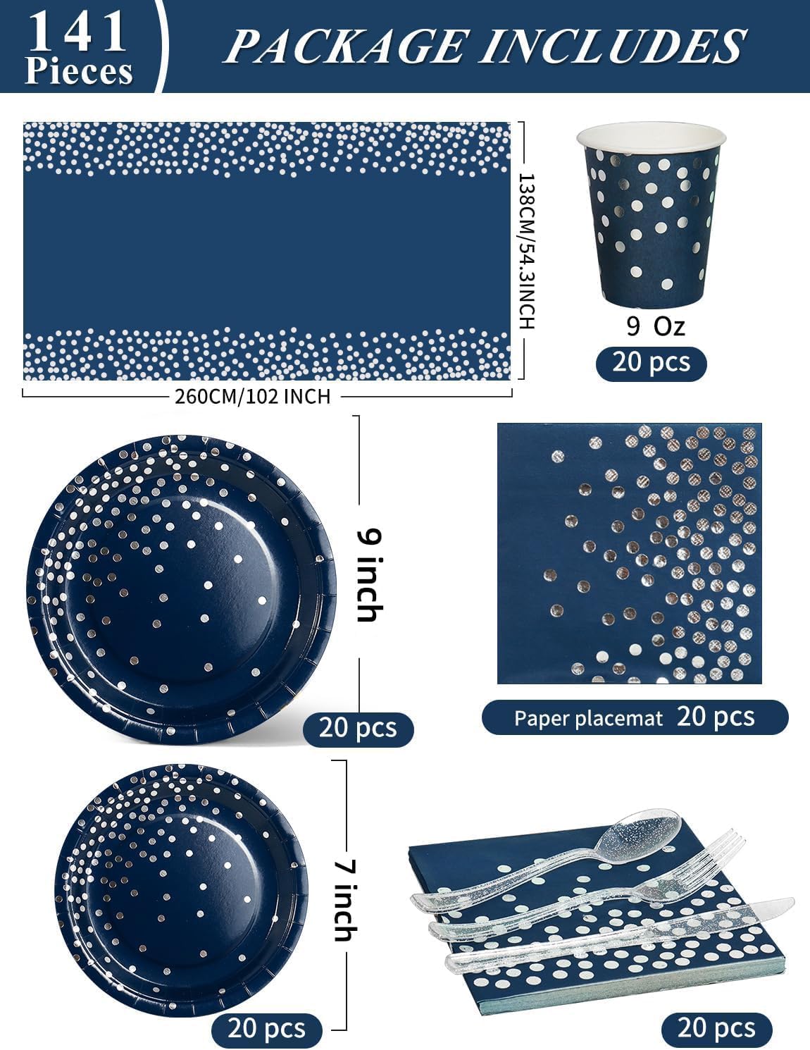 141-piece Navy Blue and Silver Party Supplies Set for 20 Guests