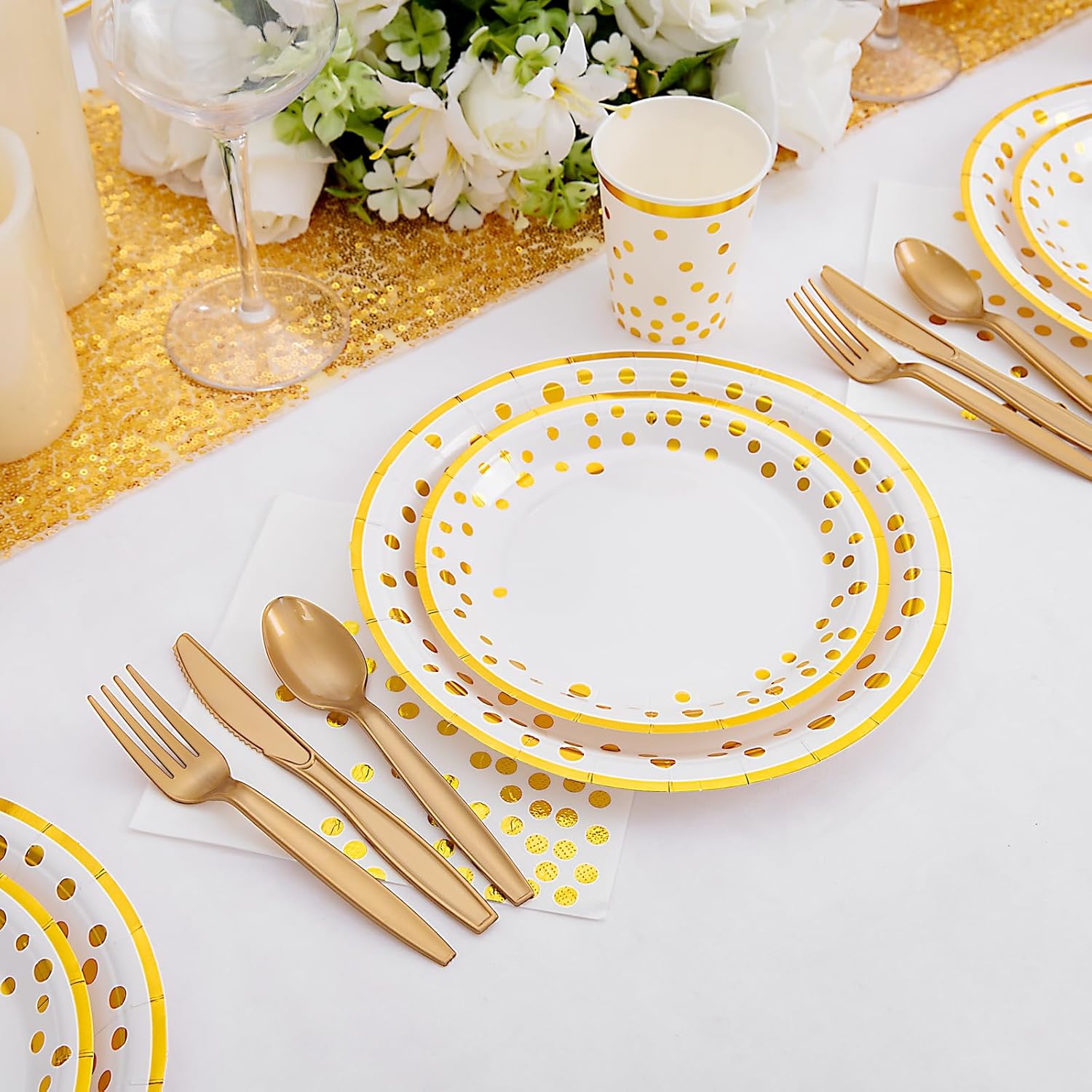 Supernal 350pcs White and Gold Party Supplies for 50 Guests