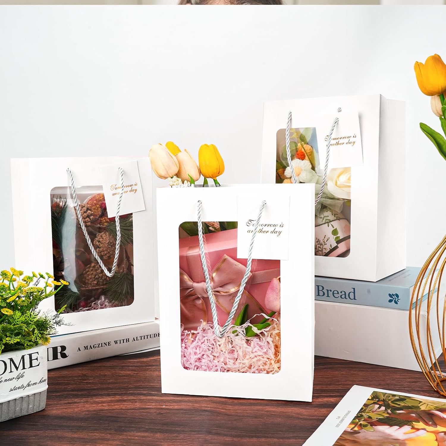 50PCS White Gift Bags with Handles and Clear Window