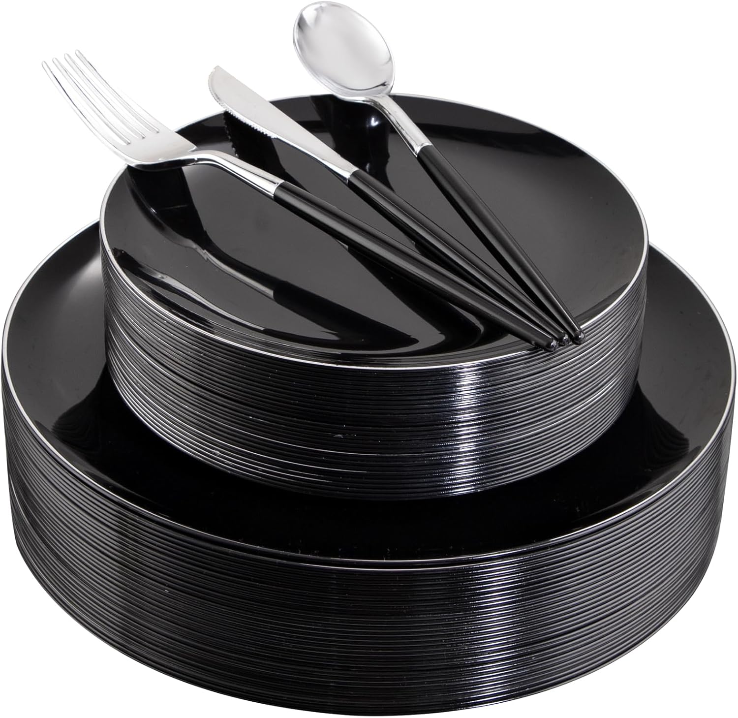 DaYammi 30 Guests Black Plastic Plates Set with Silverware for Events