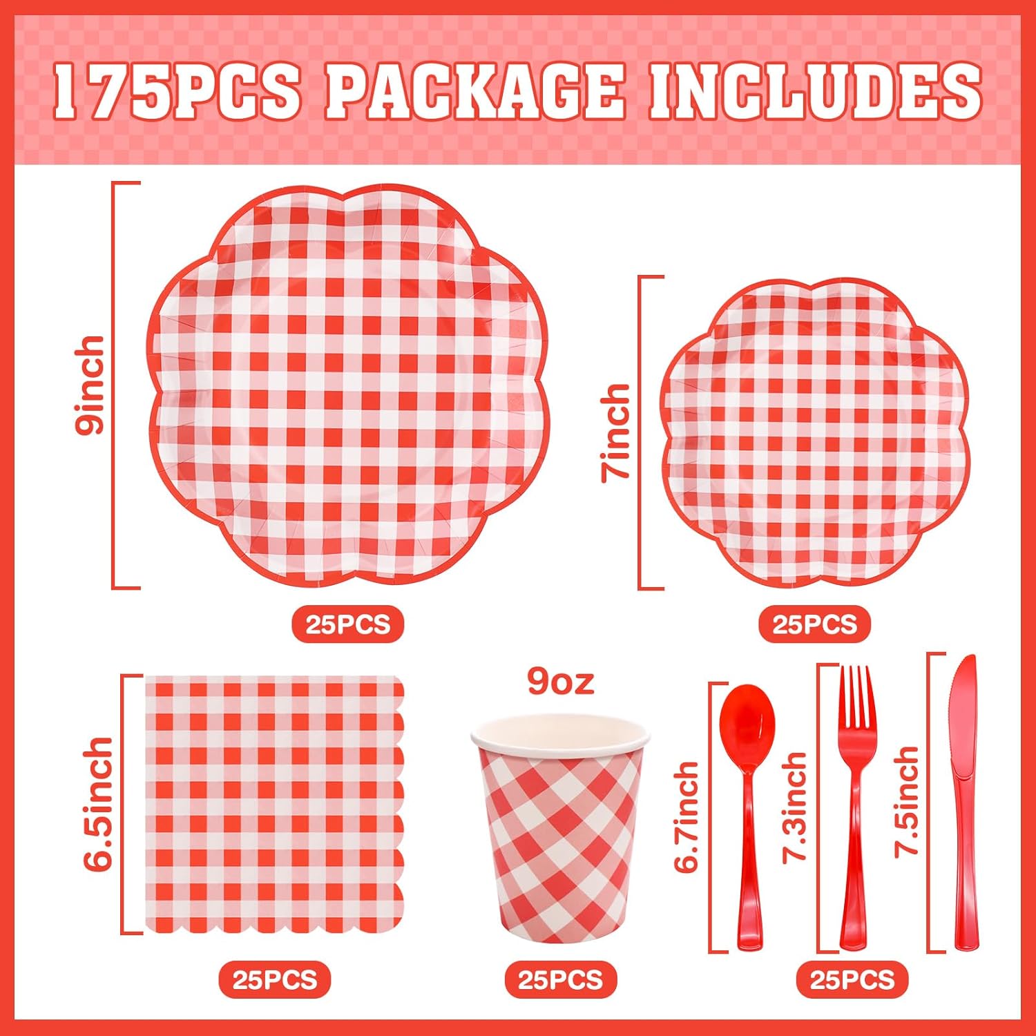 175 Pcs Red Gingham Plates Napkins Party Supplies Set