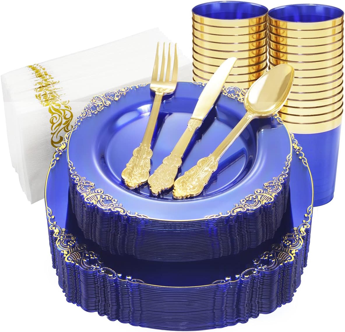 Nervure 175PCS Clear Blue Plastic Plates Set