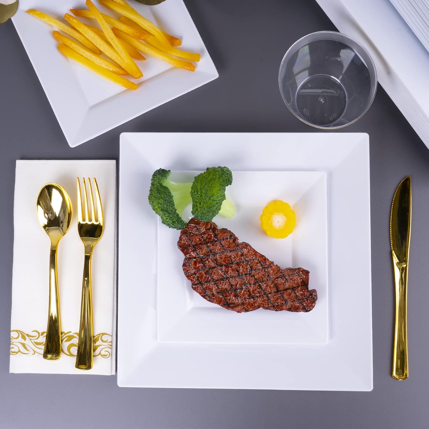Goodluck 60 Pack Disposable Square Plates - 95 and 65 White