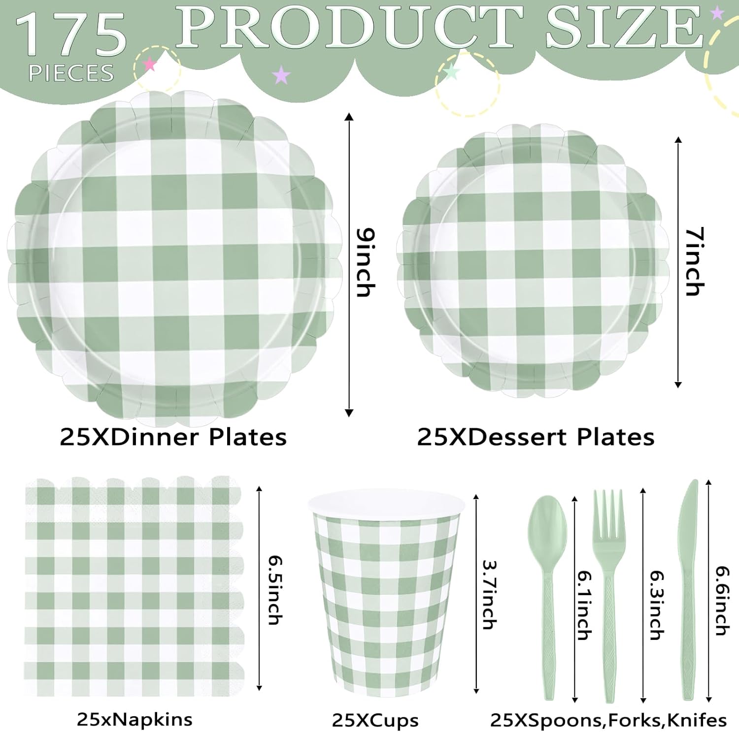 175 PCS Sage Green Gingham Plates Napkins Set for Party