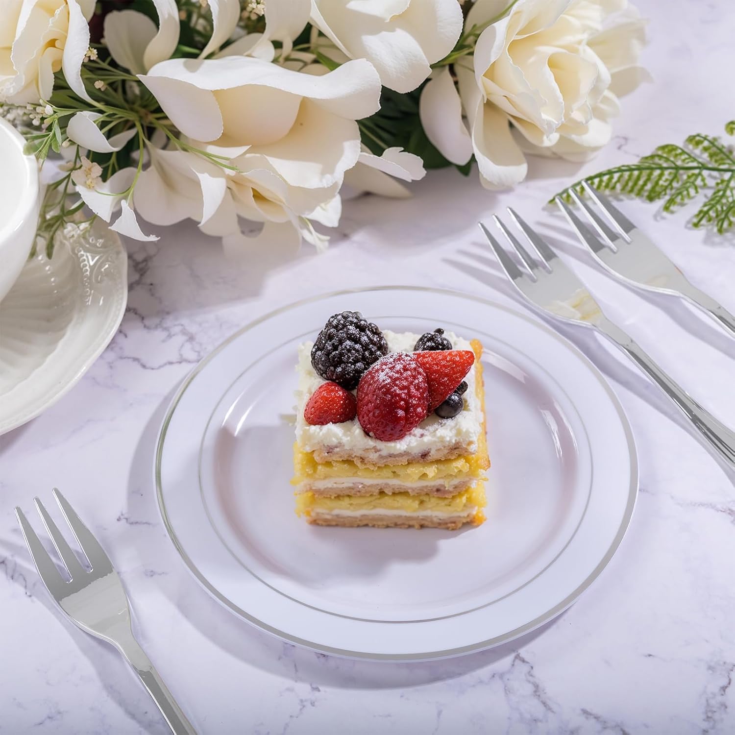 WELLIFE 240PCS Silver Plastic Dessert Plates with 120PCS Forks