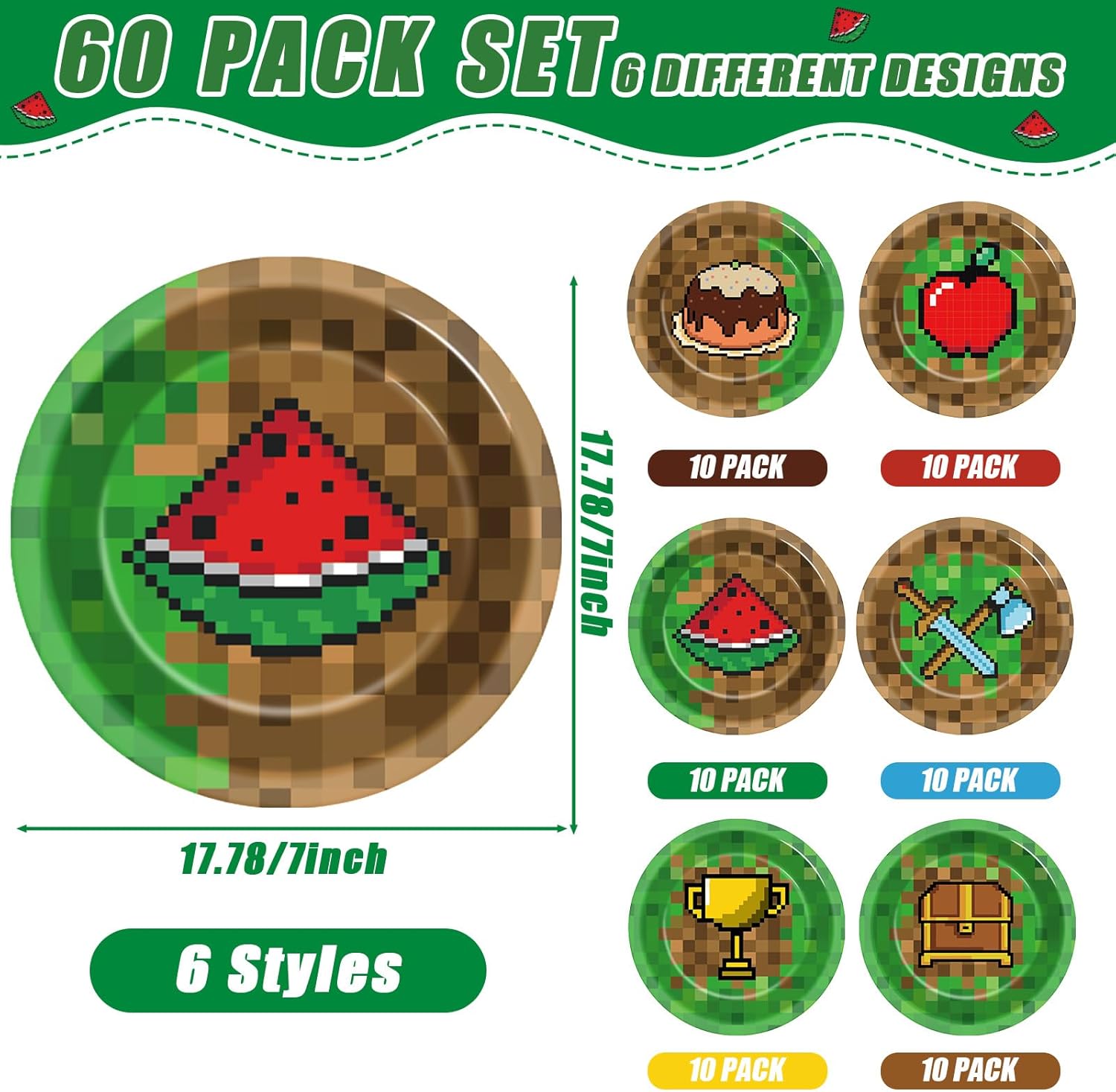 60Pcs Pixel Themed 7 Inch Party Plates for Gaming Events