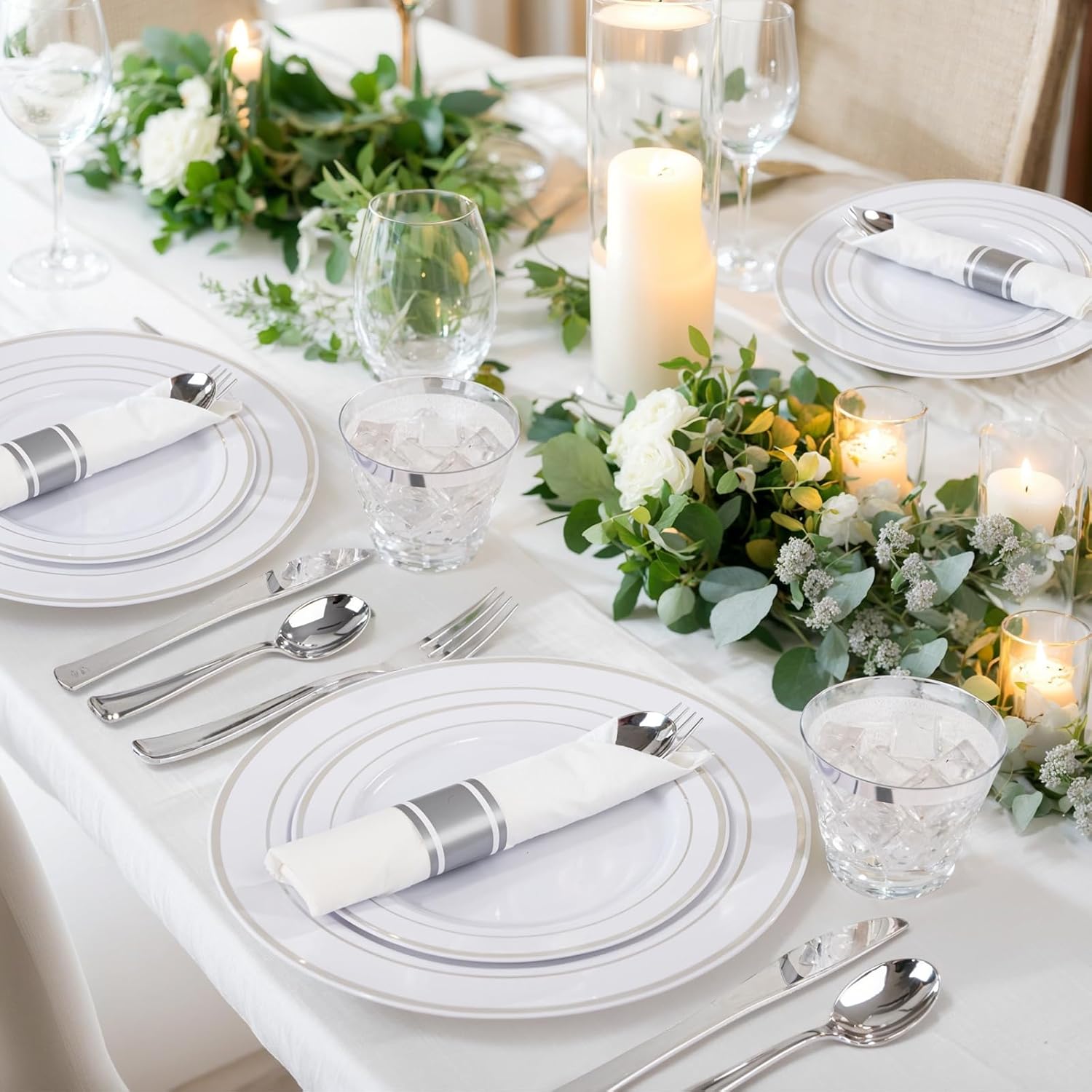 WELLIFE 350Pcs Silver Plastic Plates for 50 Guests - Party Dinnerware Set