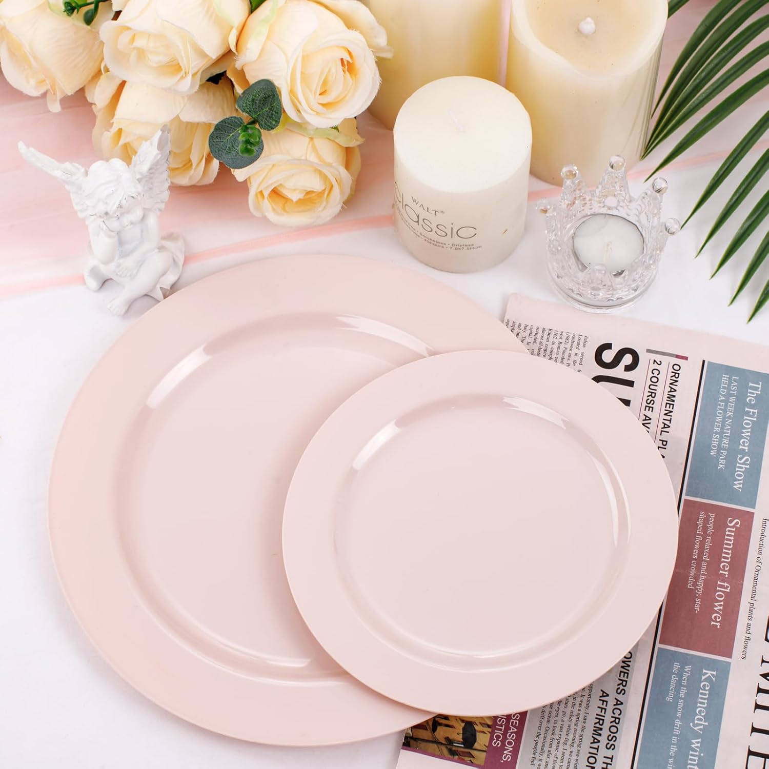 FLOWERCAT 100PCS Pink Plastic Plates Set for 50 Guests