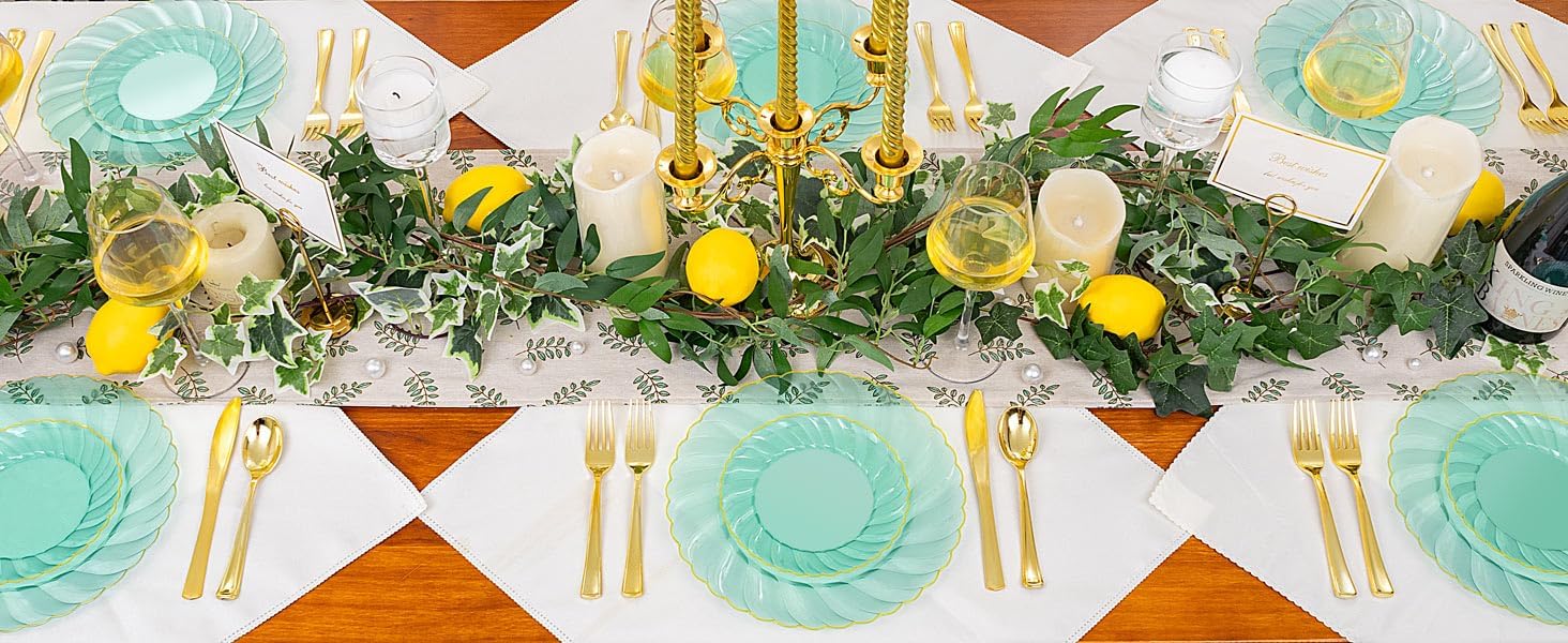 YOUBET 125PCS Clear Green Plastic Plates with Gold Rim