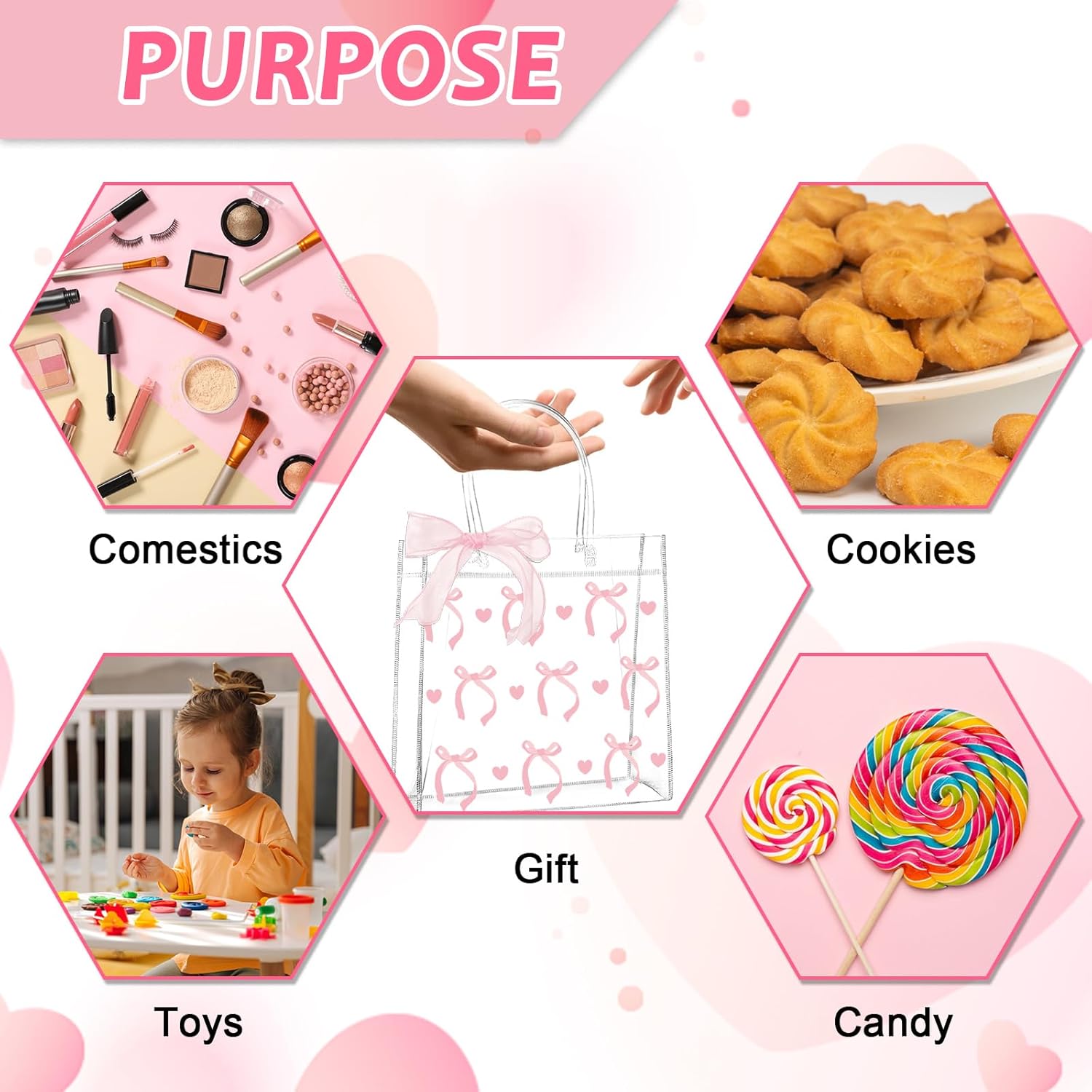 QOUBAI 24pcs Pink Bow Clear PVC Gift Bags with Handles