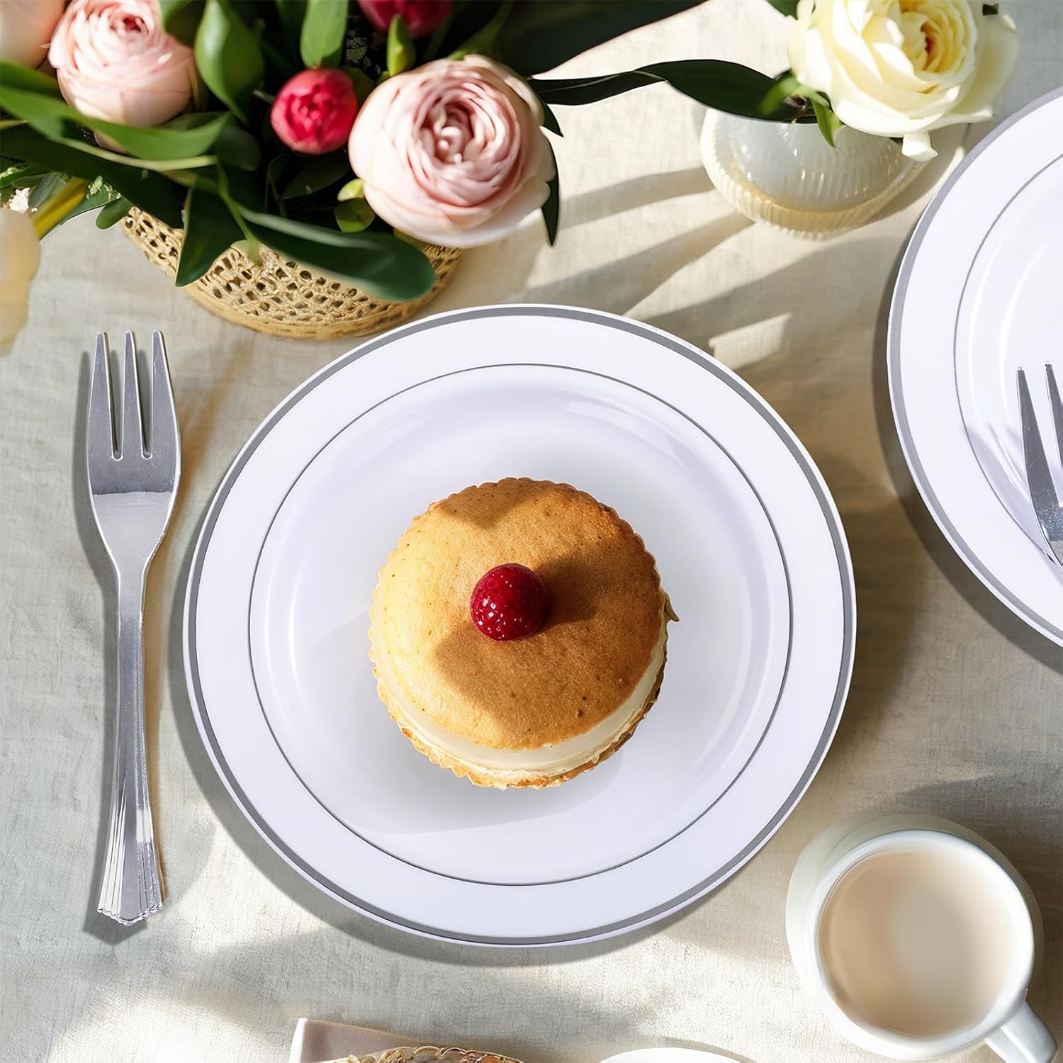 WELLIFE 240PCS Silver Plastic Dessert Plates with 120PCS Forks