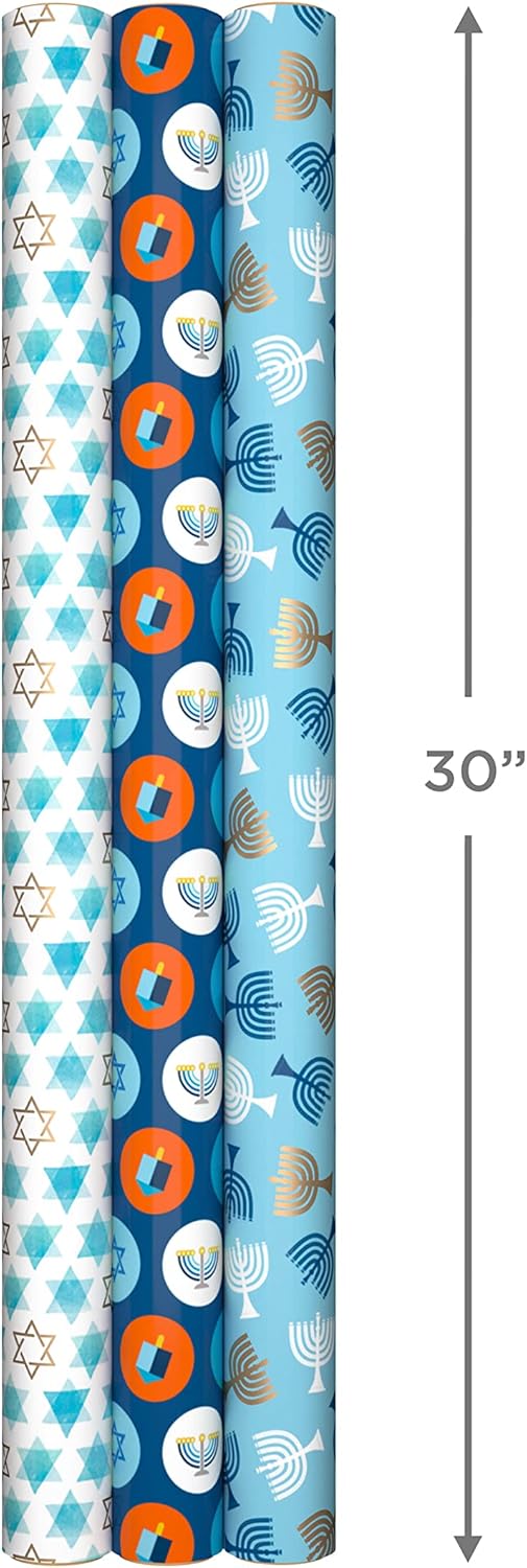Hallmark Hanukkah Wrapping Paper with Cutlines Blue Gold Star of David