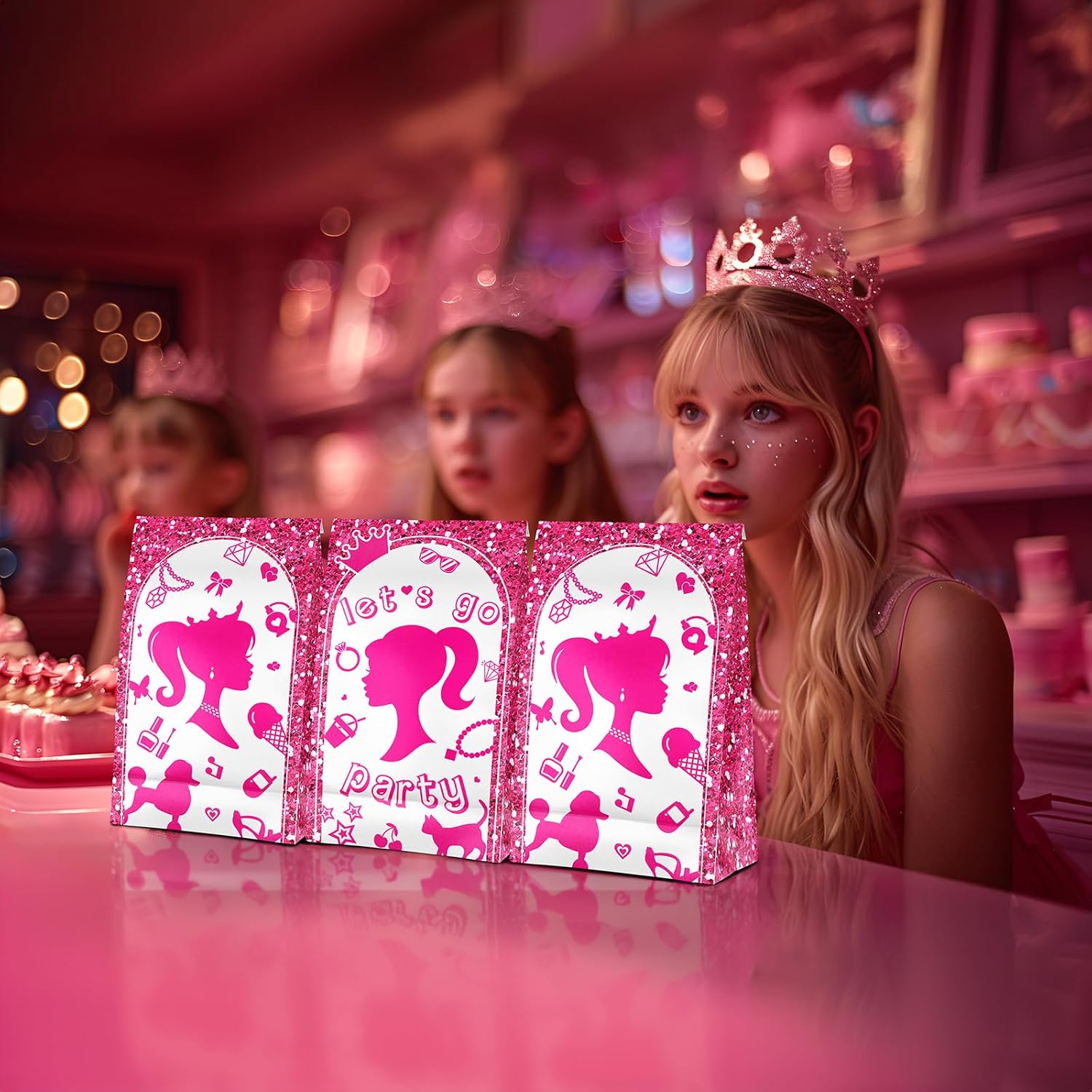 24 Pcs Pink Goodie Bags with Stickers for Girls