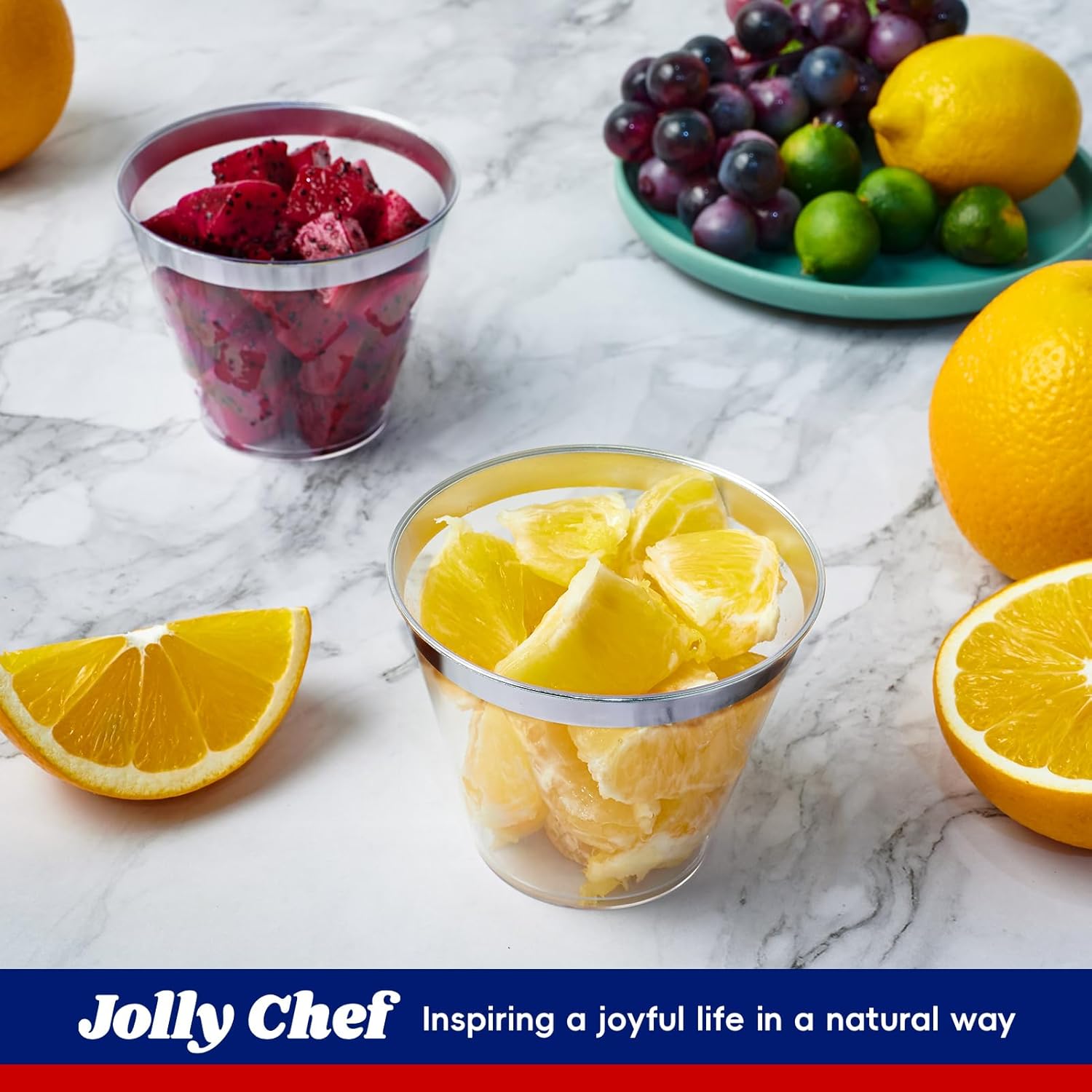 JOLLY CHEF 100 Pack Clear Plastic Cups with Silver Rim