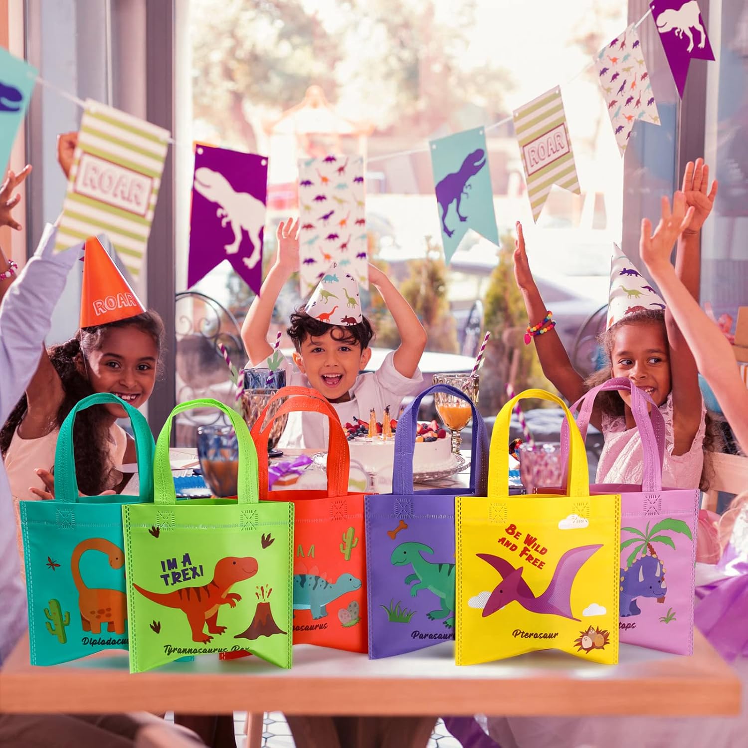 Tallew 24 Dinosaur Party Favor Bags with Handles Reusable