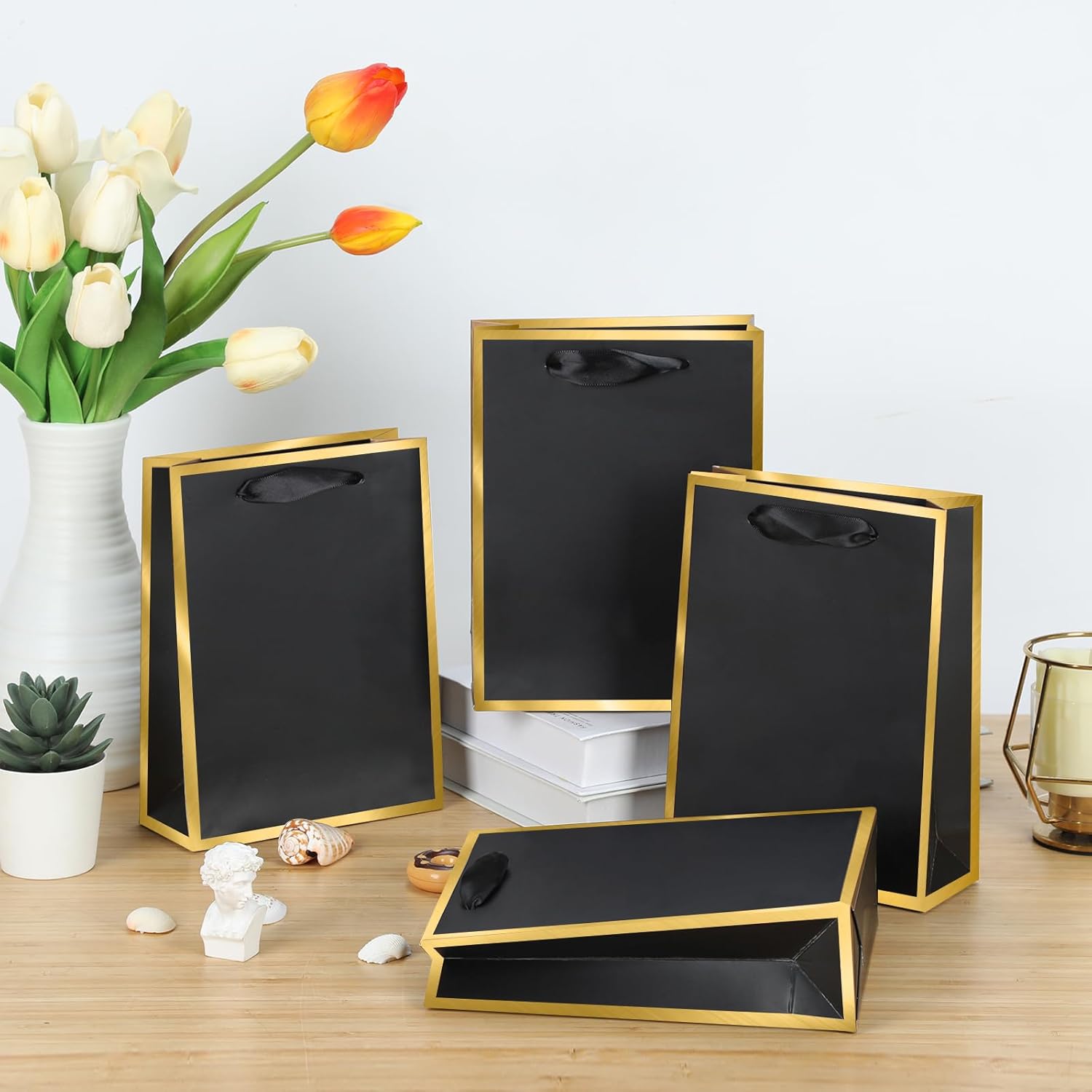 10-Pack Black and Golden Gift Bags with Handles