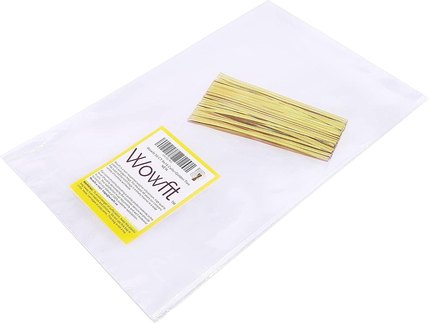 Wowfit 50 CT 9x20 Inch Clear Cellophane Bags with Gold Twist Ties