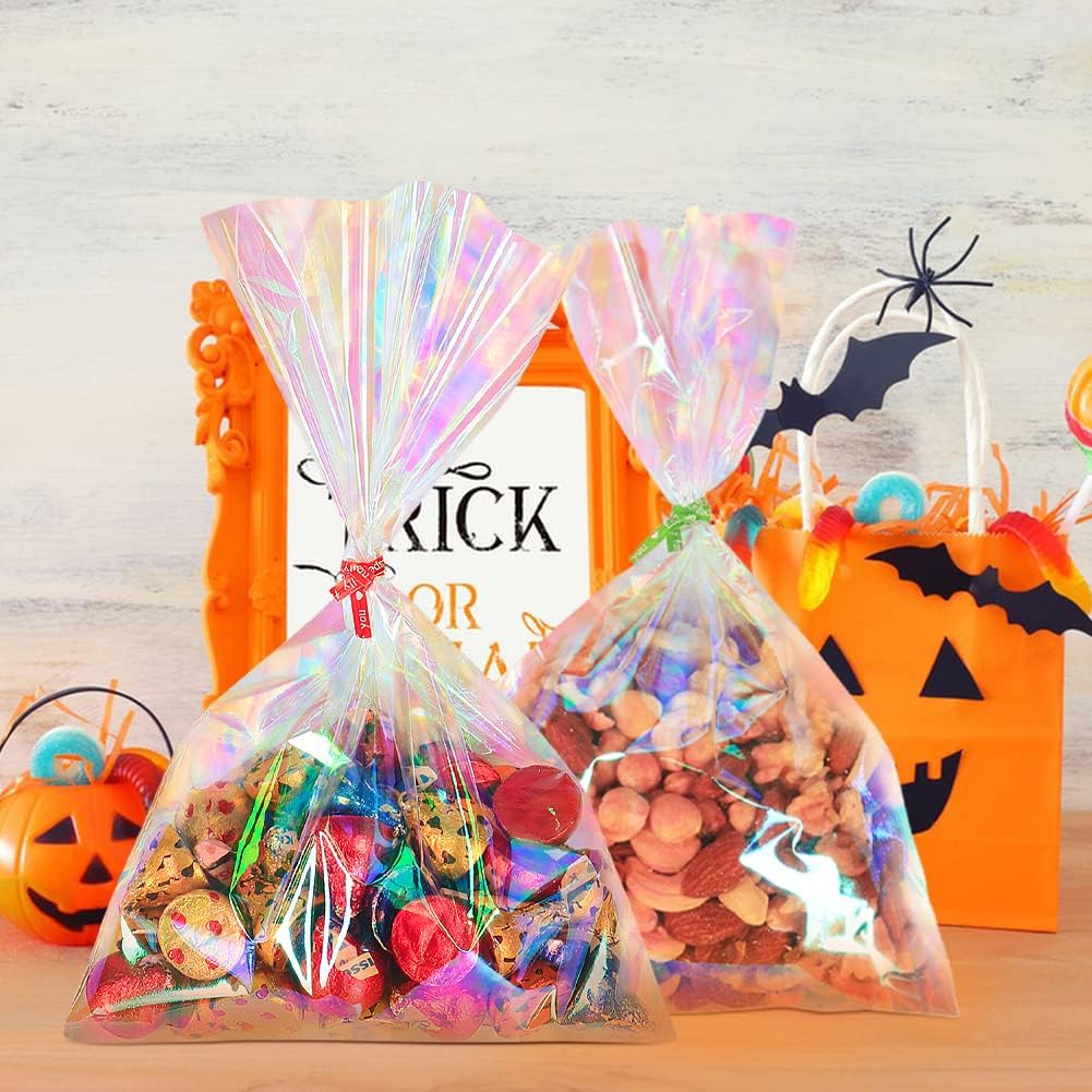 HRX Package 120pcs Iridescent Cellophane Treat Bags with Ties