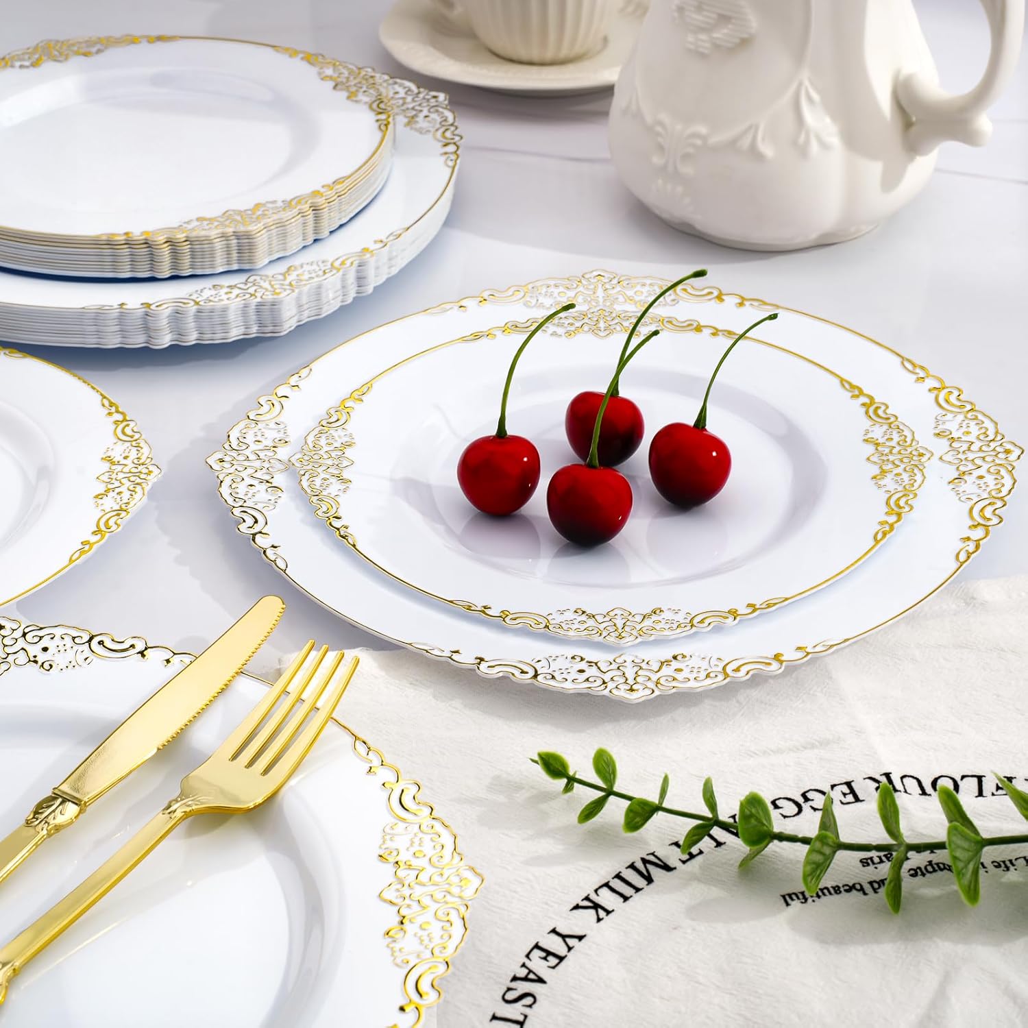 350 PCS White Gold Plastic Plates for 50 Guests
