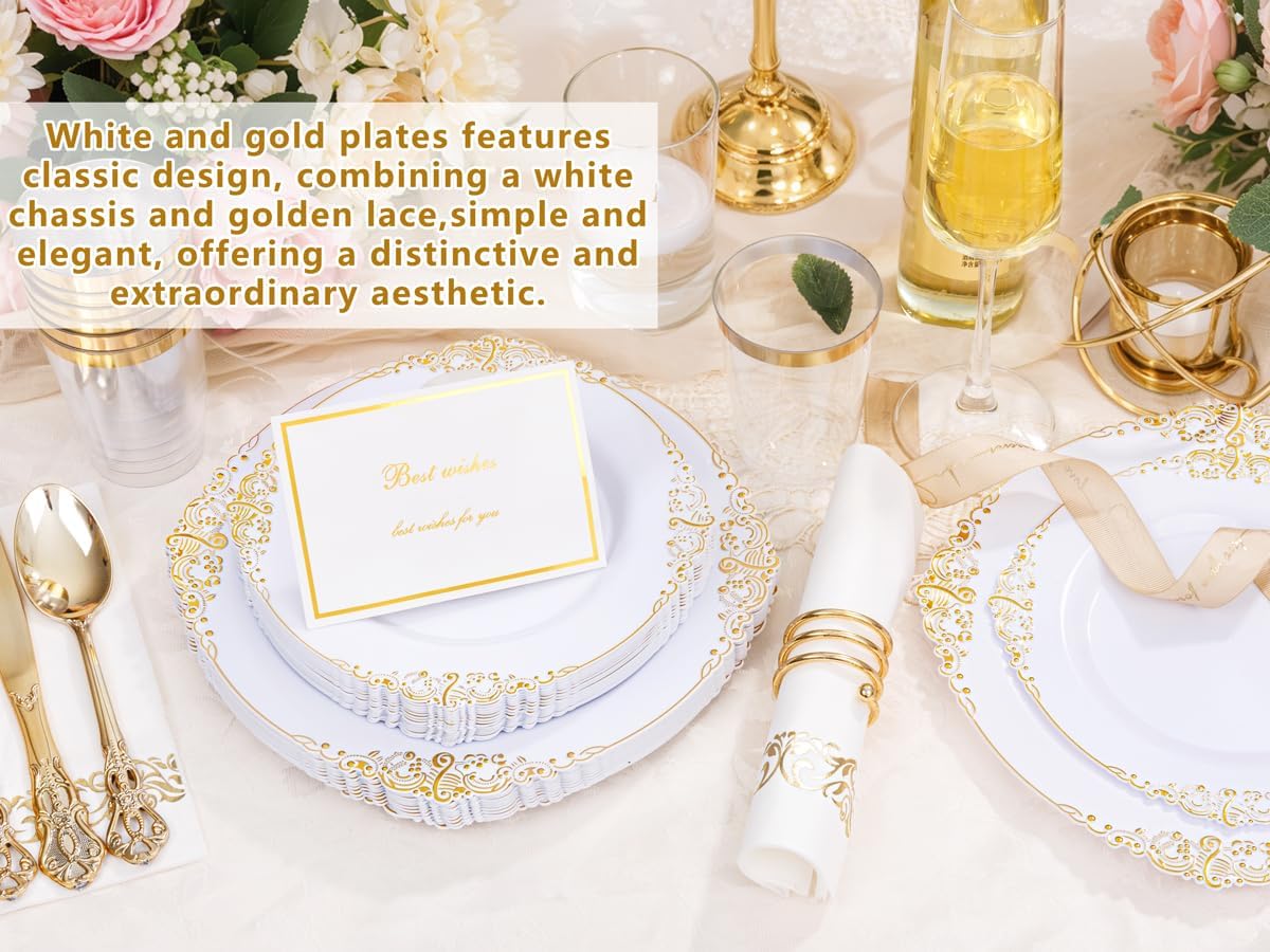 YOUBET 700PCS Gold Plastic Dinnerware Set for 100 Guests Wedding Party Graduation