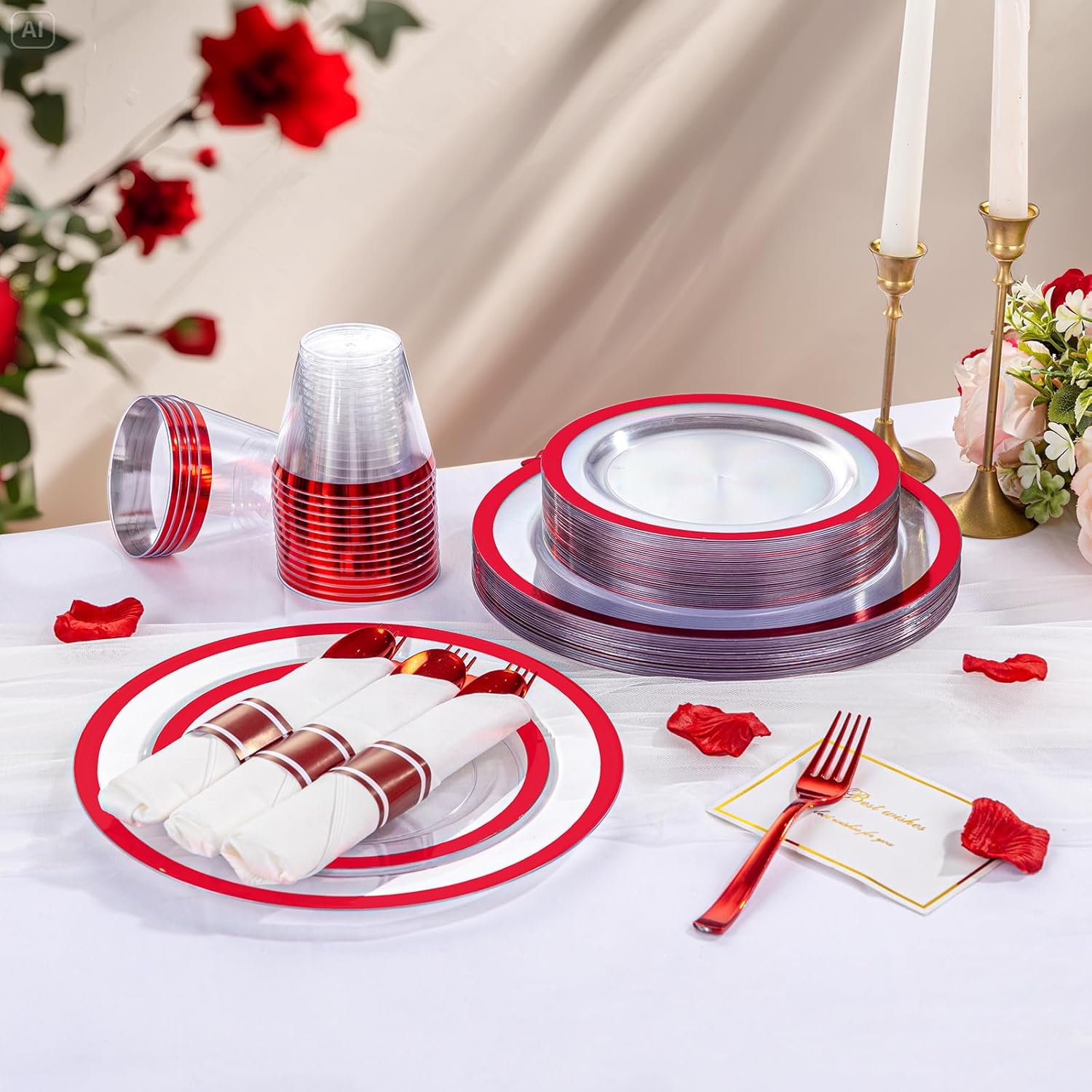 I00000 350 Pcs Clear Red Plastic Plates Set for Wedding Party