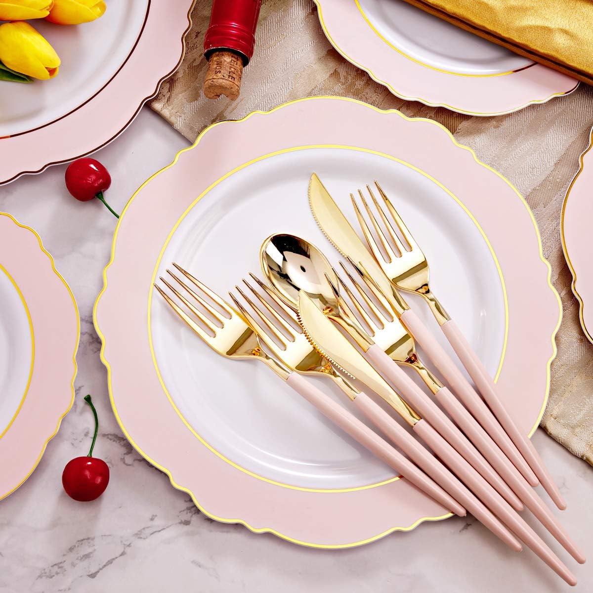 WDF 30 Guest Pink Gold Plastic Plates Set