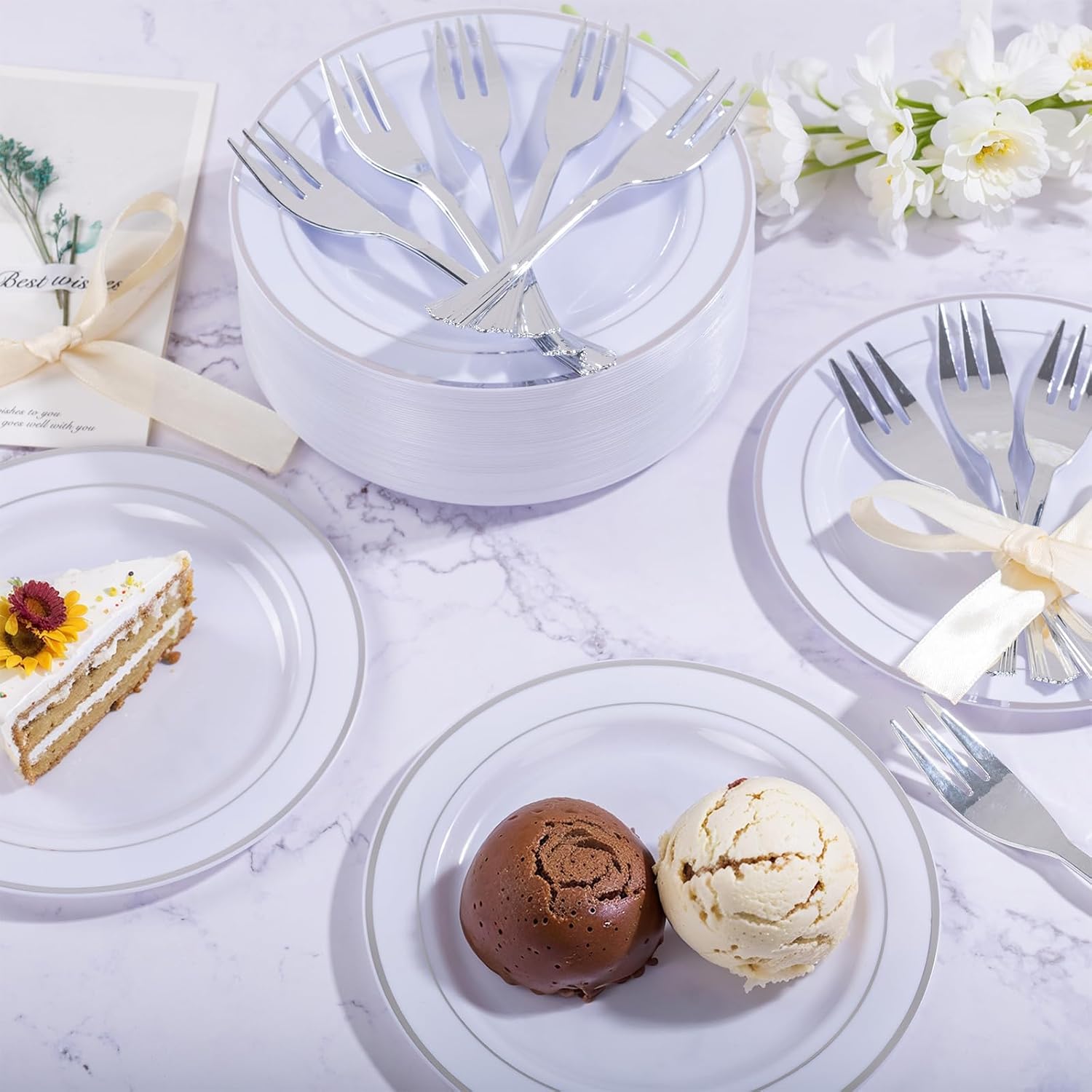 WELLIFE 240PCS Silver Plastic Dessert Plates with 120PCS Forks
