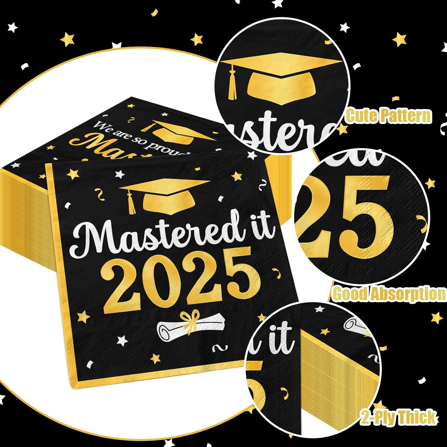 Mastered It Graduation Napkins 2025 50pcs Black Gold Decorations
