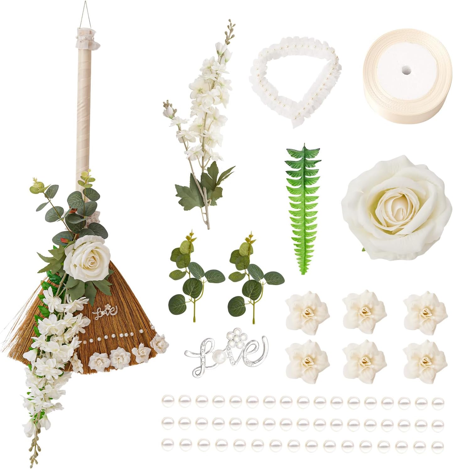 Yiytrees Wedding Broom DIY Kit with Artificial Roses and Ribbons