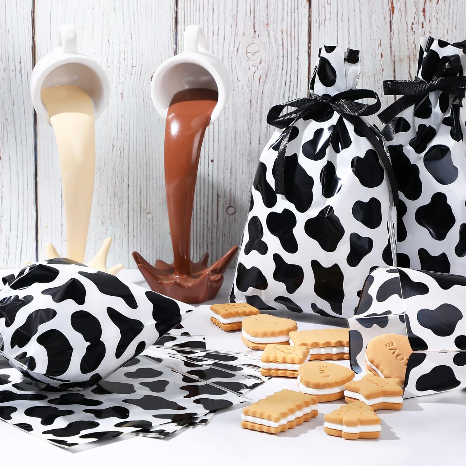 Tinlade 60 Piece 6x9 Inch Cow Cellophane Bags with 25 Yard Ribbon