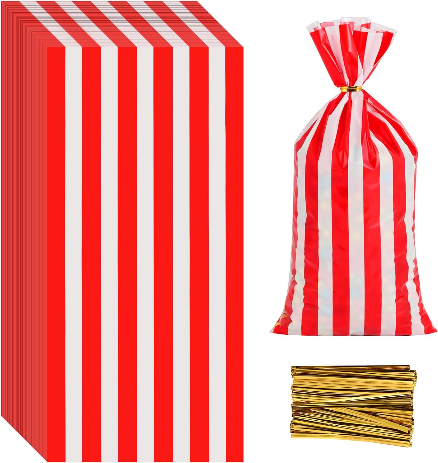 Lecferrarc 100 Pcs Red White Stripe Treat Bags with Twist Ties