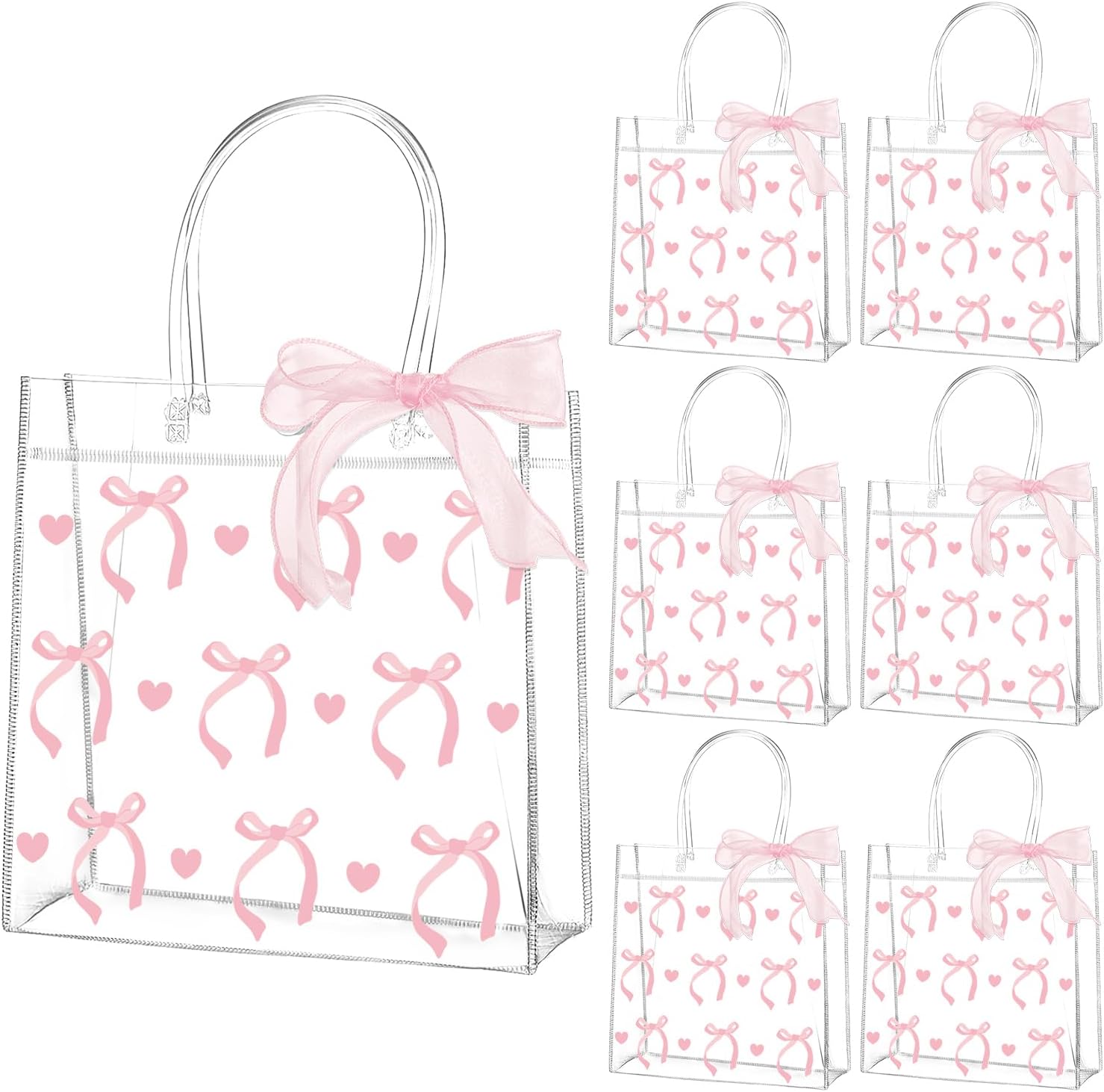 QOUBAI 24pcs Pink Bow Clear PVC Gift Bags with Handles