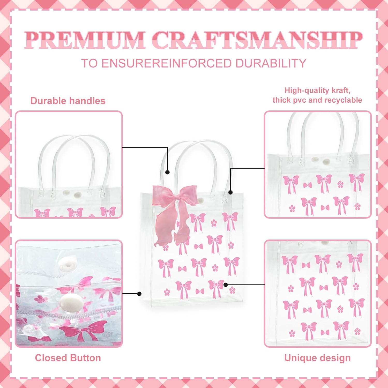 Lyosehy 10 Pcs Pink Bow Clear PVC Gift Bags with Handle Ribbon