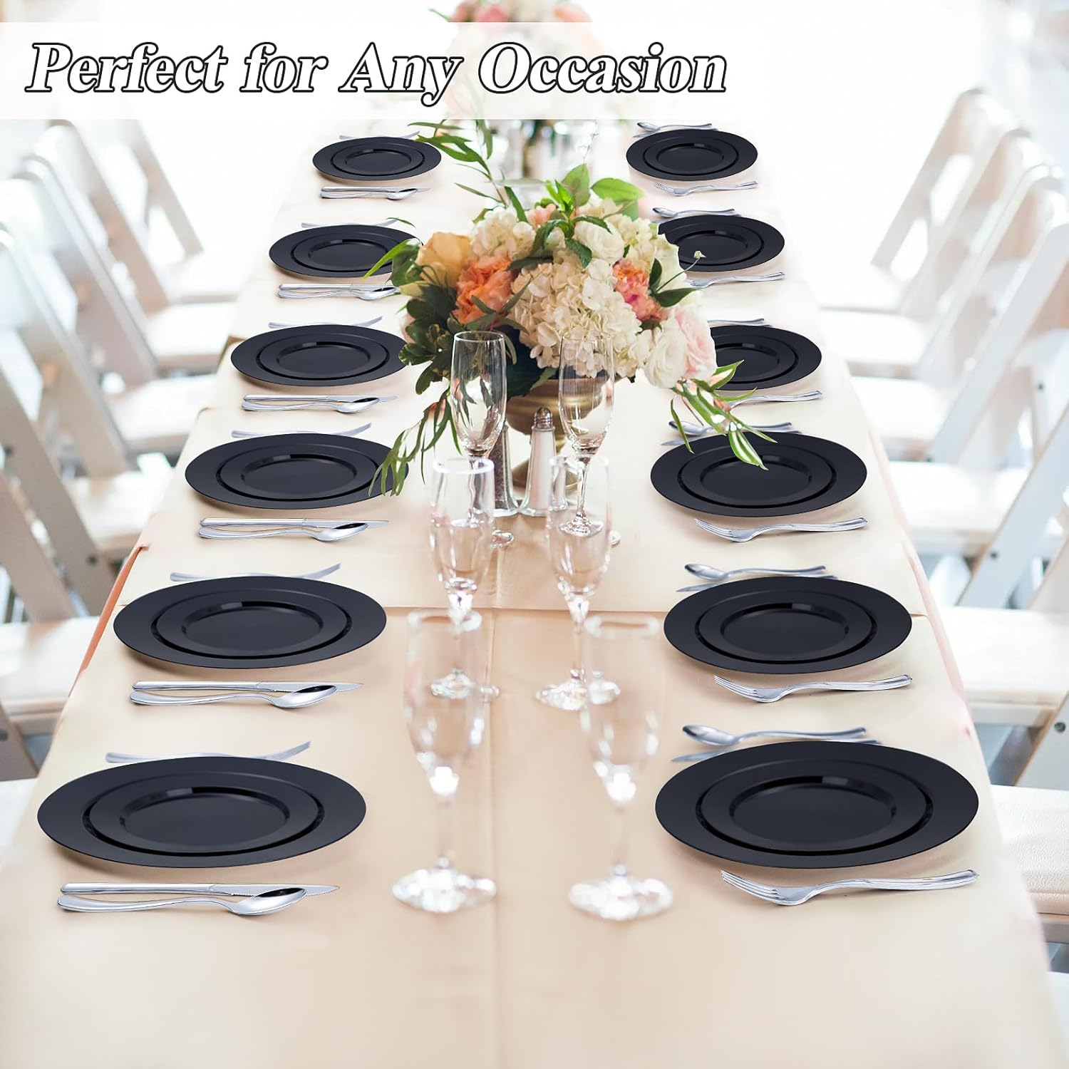 200PCS Black Plastic Plates Set for Parties and Weddings