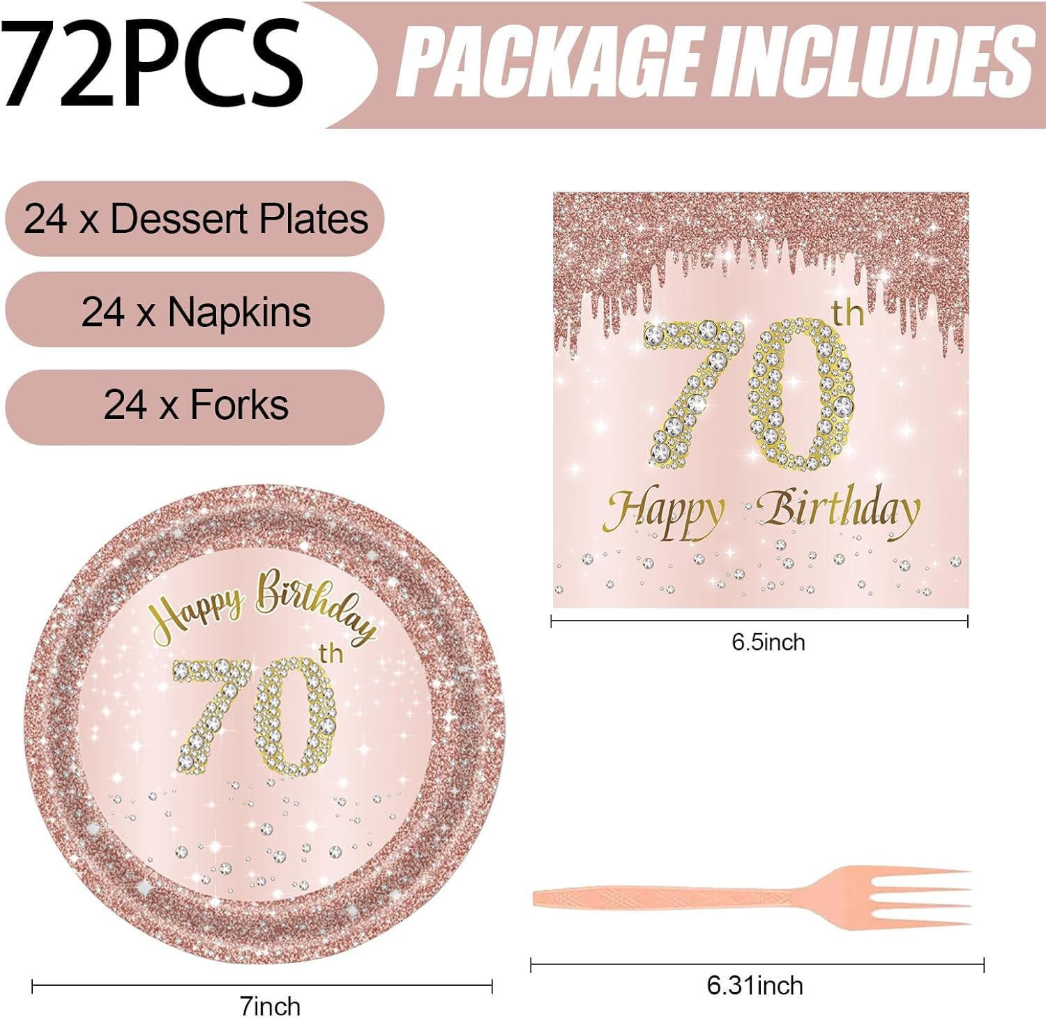 72 Pcs Rose Gold 70th Birthday Party Plates and Napkins Set